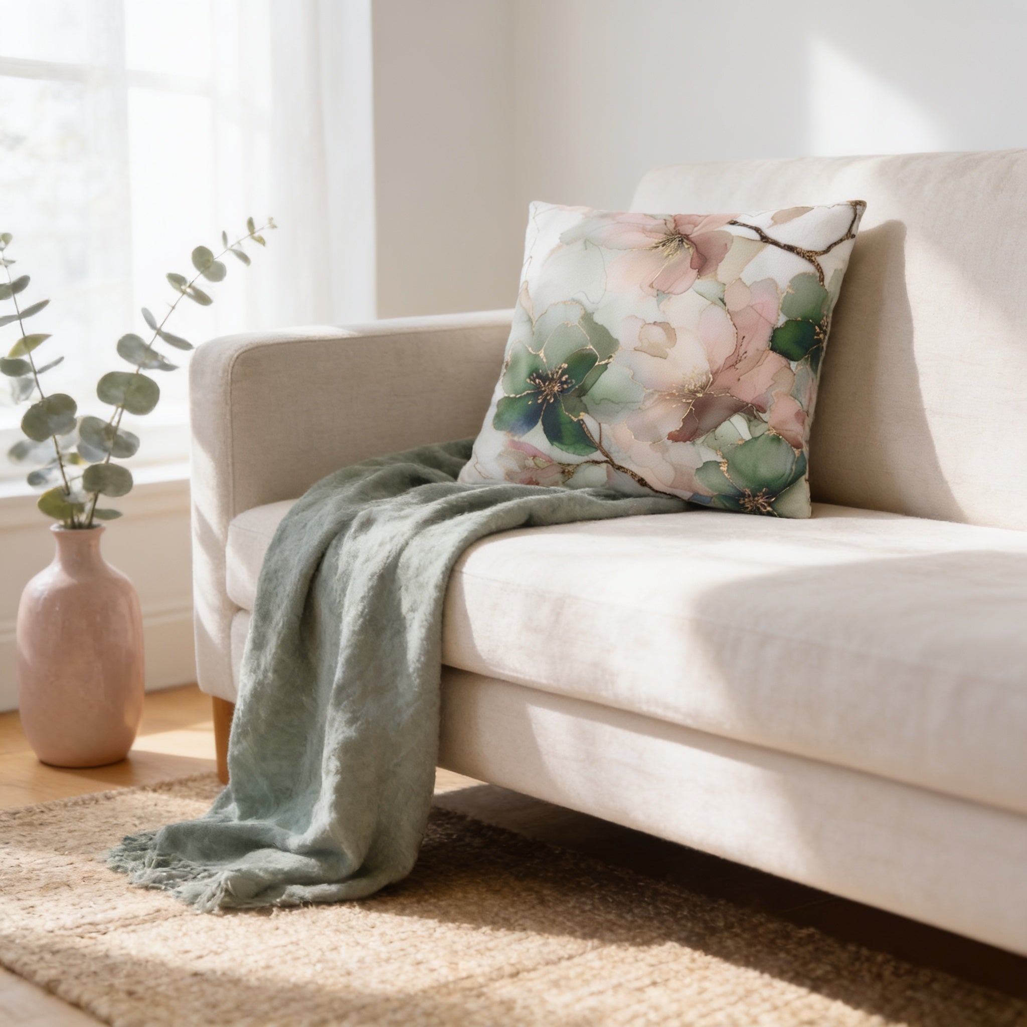 a cozy living room with a white sofa adorned with a floral throw pillow and a green blanket draped over the armrest. A pink vase with greenery sits on the floor next to the sofa, and a beige rug covers the floor.
