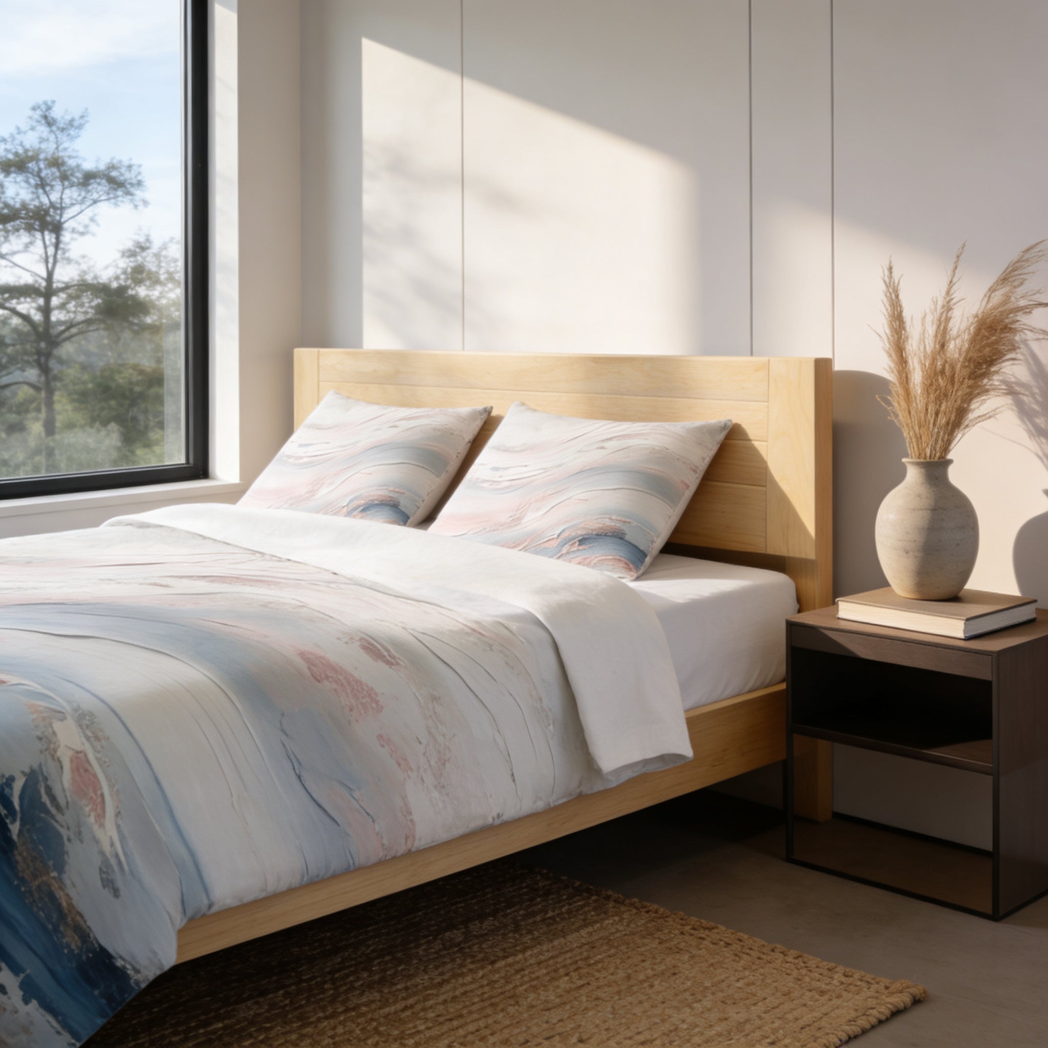 a serene bedroom scene with a wooden bed frame, a white and blue patterned comforter, and a wooden nightstand with a vase of dried flowers. The room has a large window that allows natural light to fill the space, creating a peaceful and inviting atmosphere.