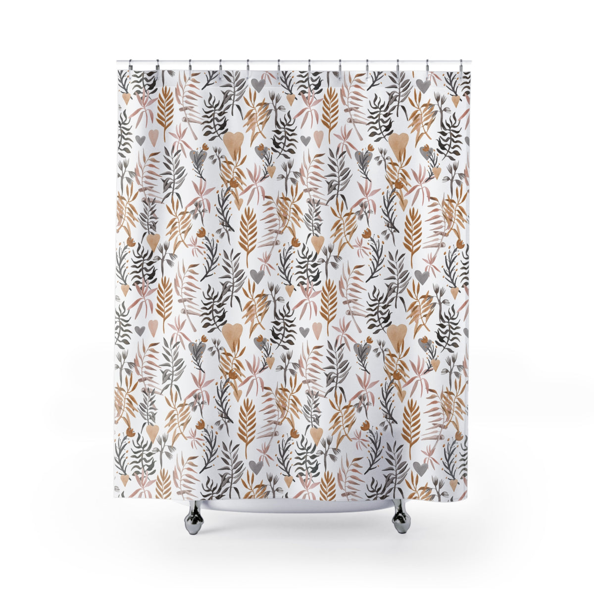 a shower curtain with a repeating pattern of leaves and flowers in shades of brown and black.
