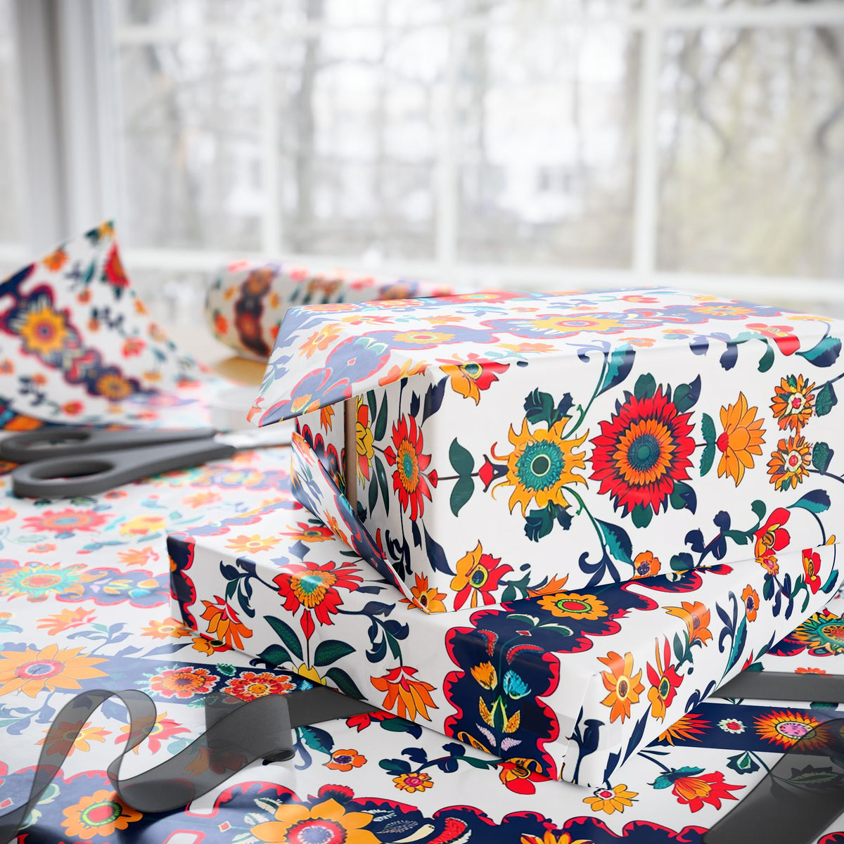 Red Navy White Folk Floral Wrapping Paper, Gift Wrap
