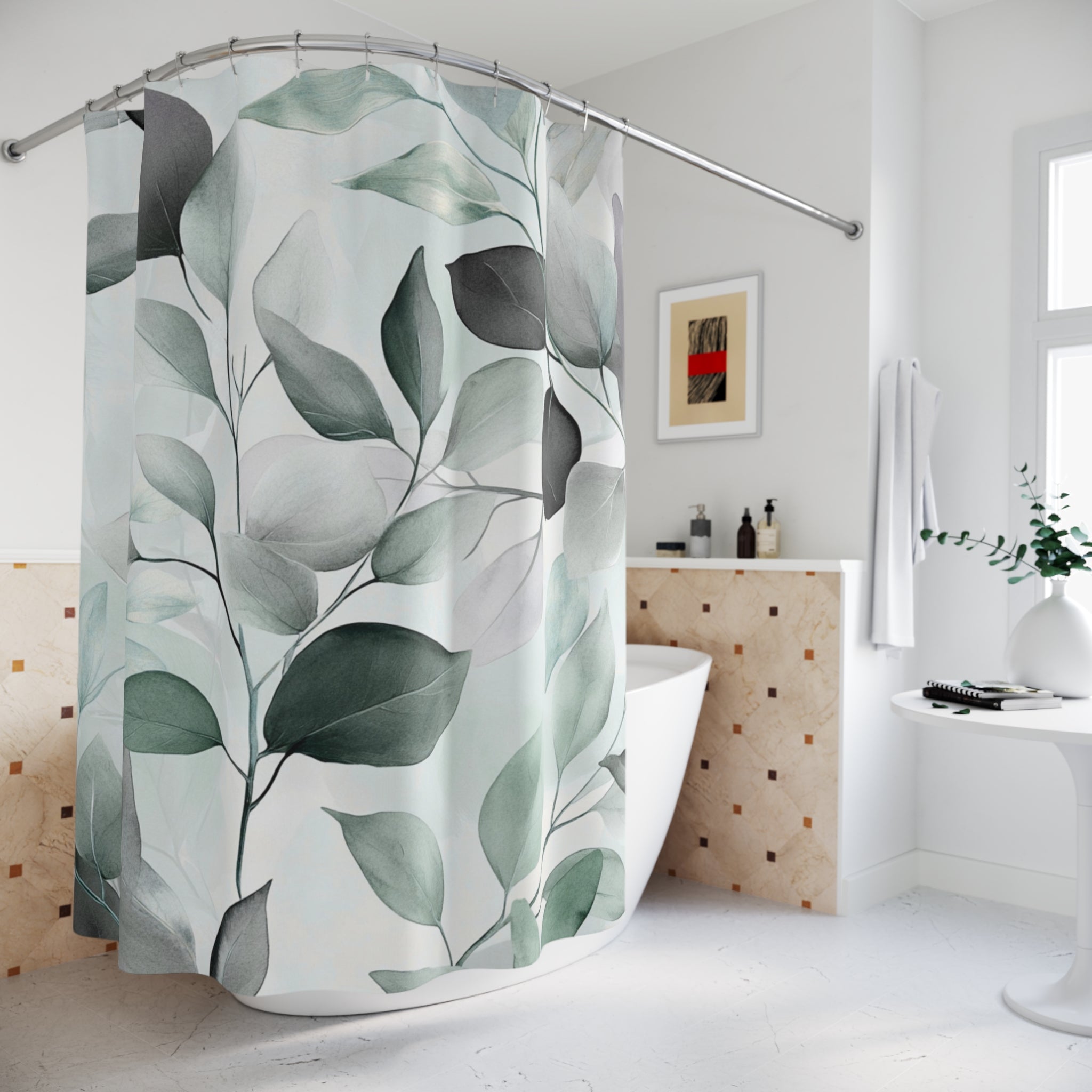 Boho Floral Shower Curtain | Sage Green Grey Leaves