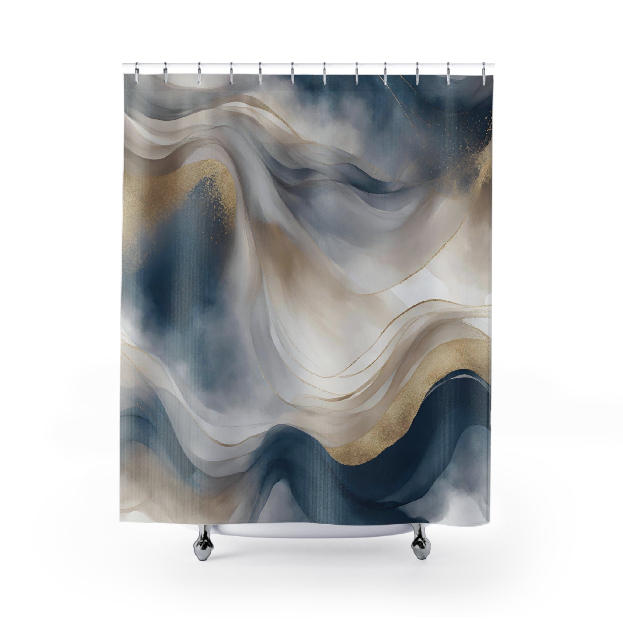 Abstract Shower Curtain | Navy Blue, Beige Muted Gold