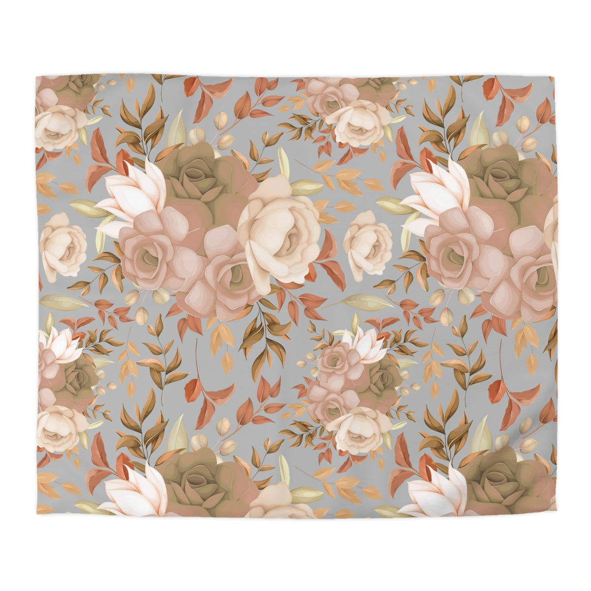 a repeating floral pattern with various shades of pink, white, and brown flowers and leaves against a gray background.