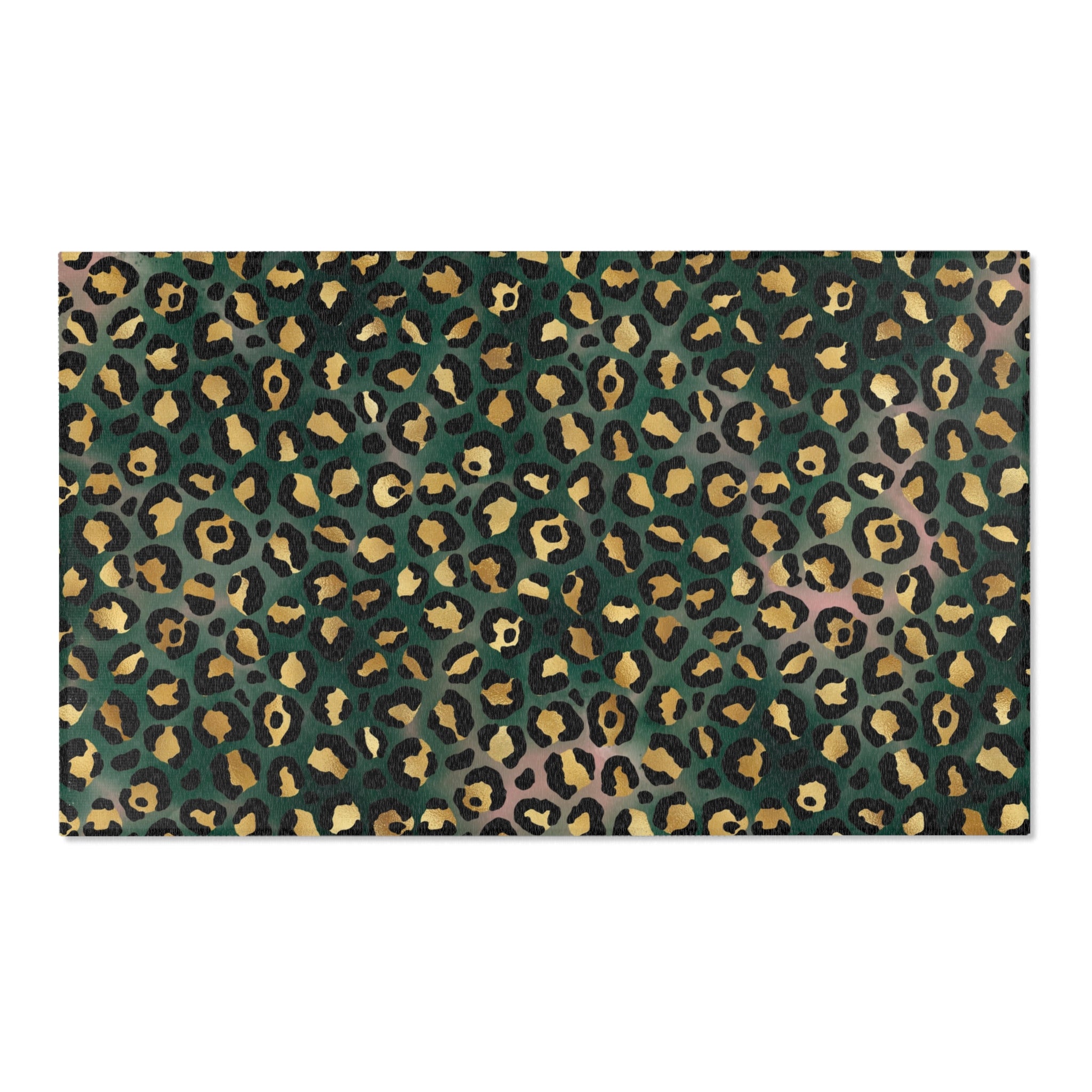 Dark forest green, black and beige leopard animal print large area rug styled in a modern living room