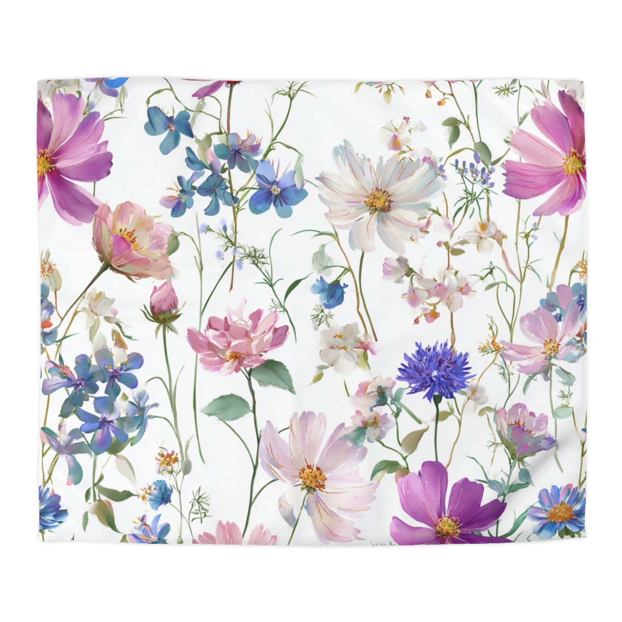 a vibrant and colorful floral pattern with various types of flowers, including daisies, chrysanthemums, and other blooms, arranged in a visually appealing manner.