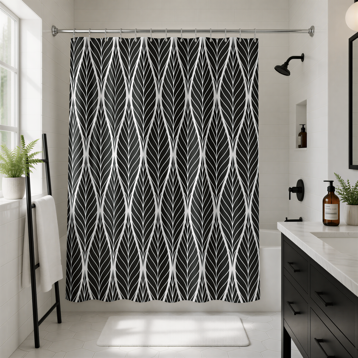a modern bathroom with a black and white leaf-patterned shower curtain, a white sink, and a black towel rack.