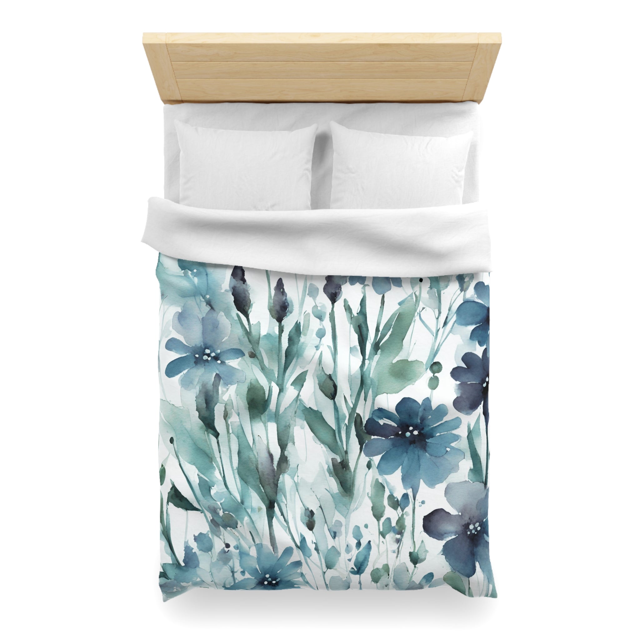 Blue, green and white wildflower floral duvet cover, pattern detail view