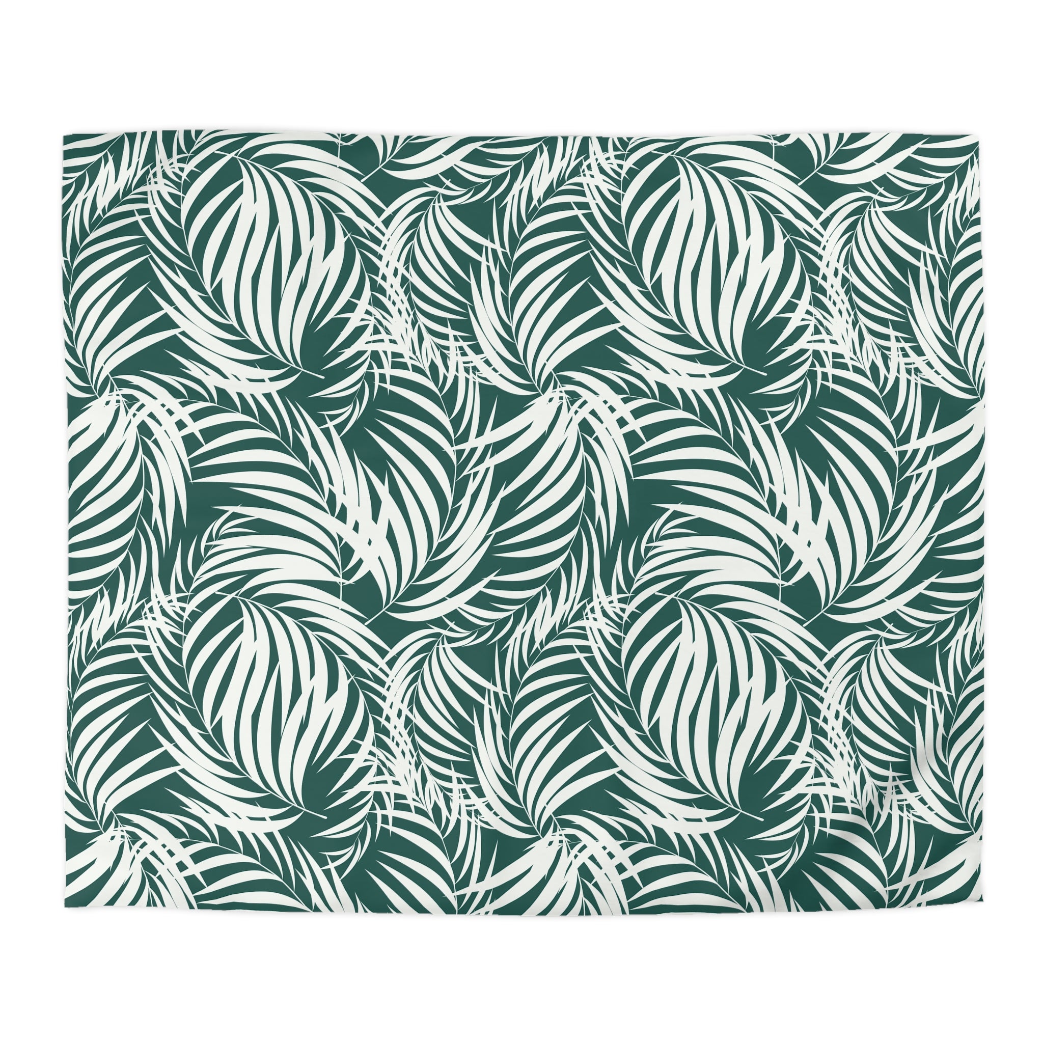 Floral Cotton Duvet, Pillow Cover | Tropical Nature Teal White Leaves Bedroom Decor