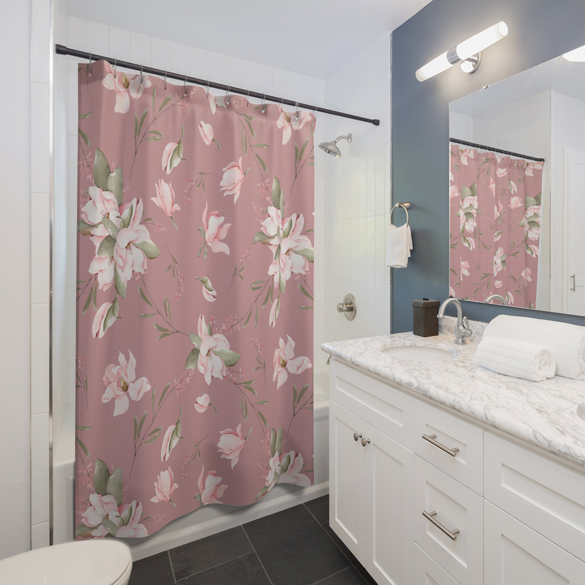 Dusty Rose Watercolor Magnolia Shower Curtain, Bath Curtain 71x74