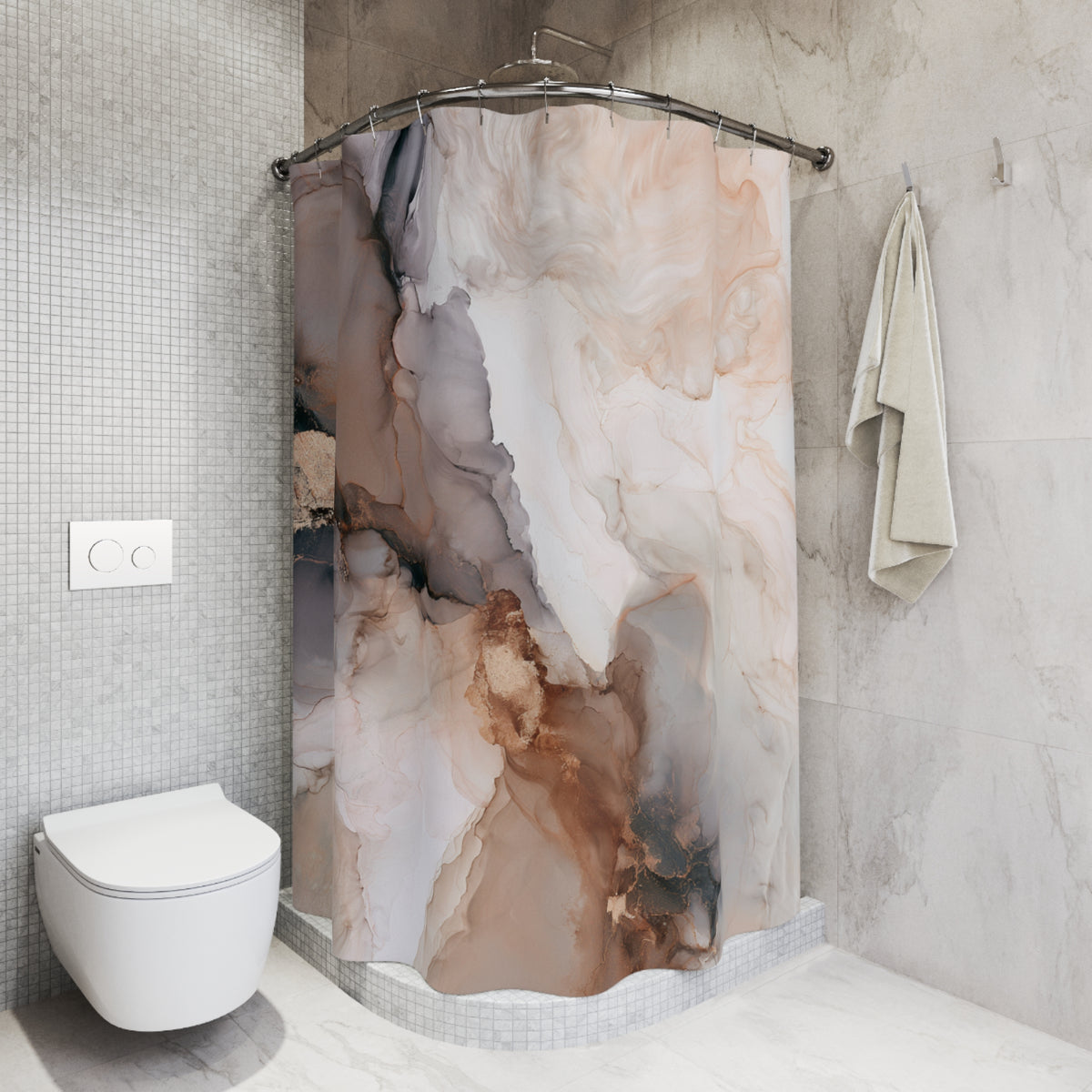 a modern bathroom with a shower curtain featuring an abstract, marble-like design in shades of brown and beige. The shower area is equipped with a curved shower head and a towel rack.