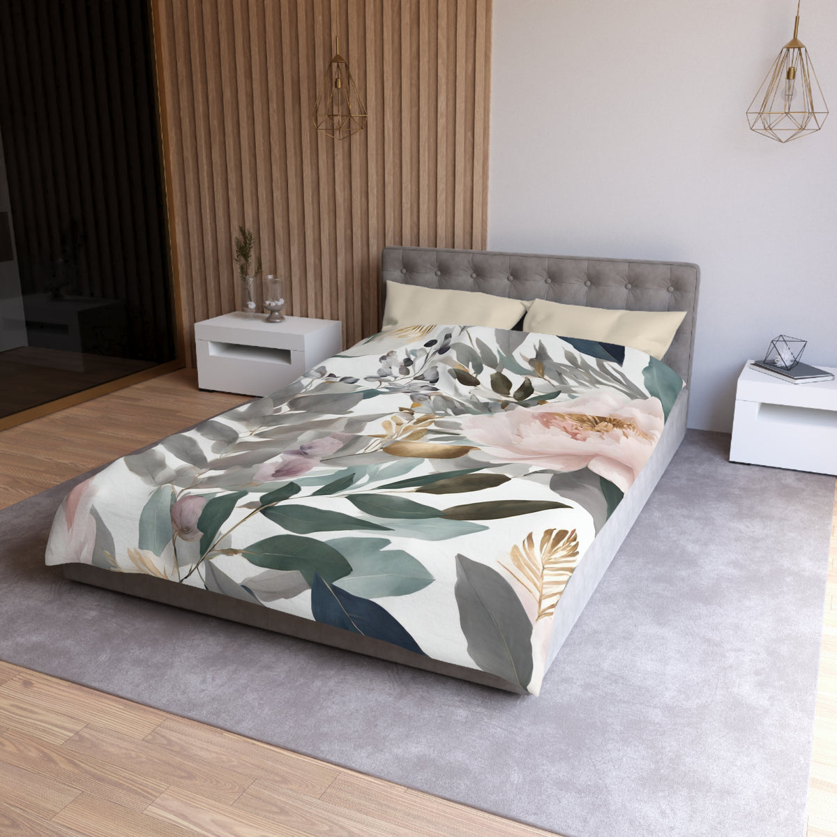 a modern bedroom with a large bed covered in a floral print comforter and pillows. The bed is positioned against a wall with a wooden panel design. The room also features a nightstand on each side of the bed, and a pendant light hanging above the bed.