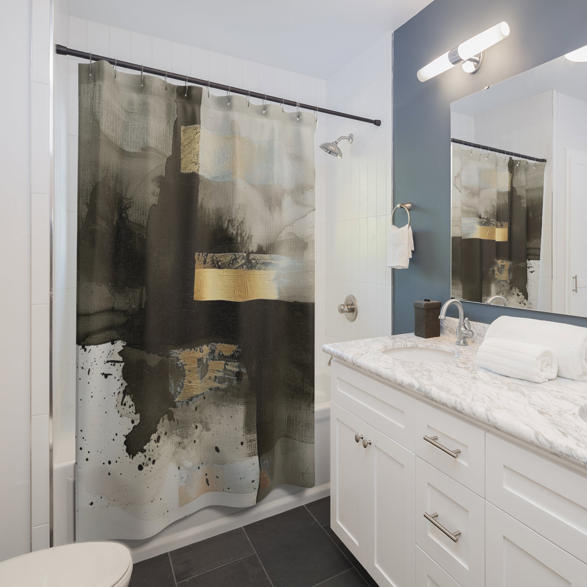 Abstract Shower Curtain | Black Grey Ombre Muted Gold