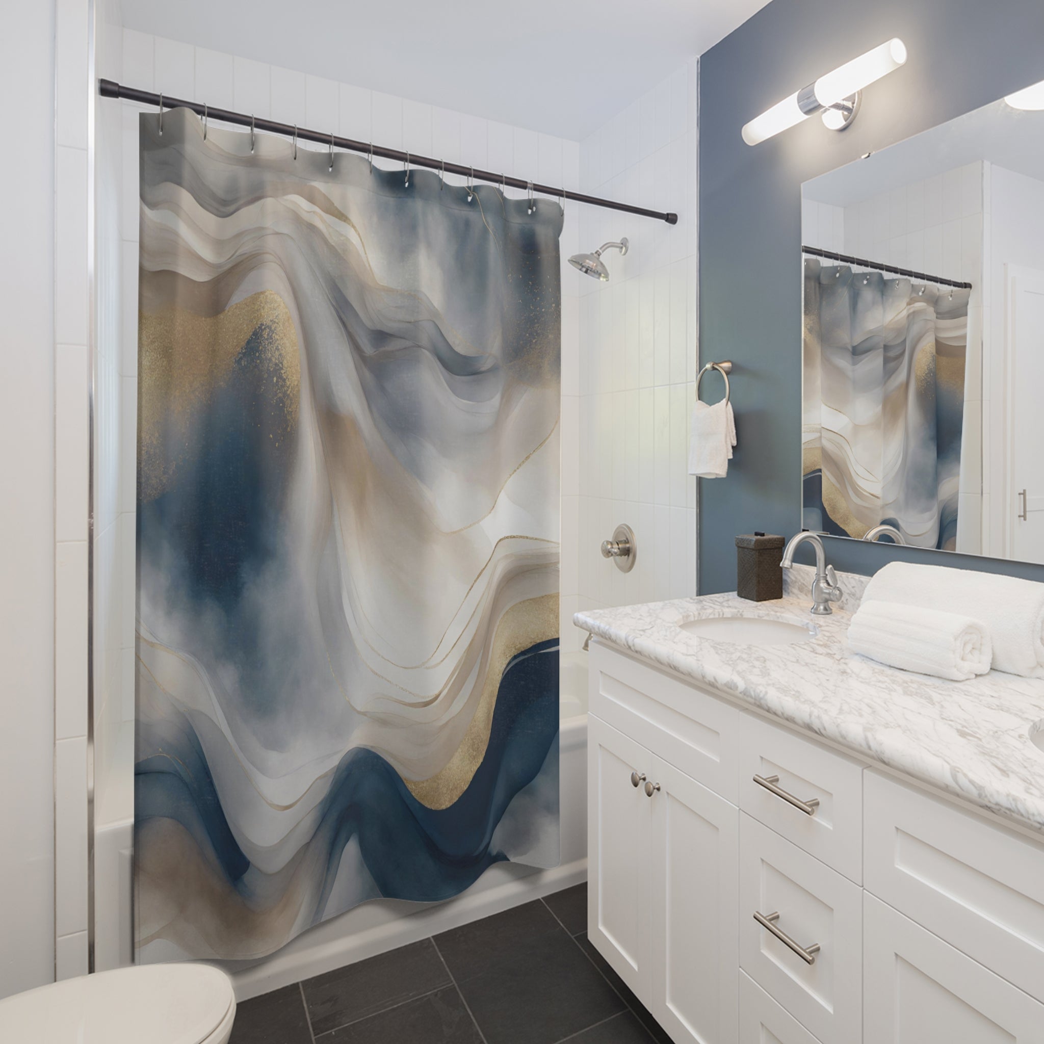 Abstract Shower Curtain | Navy Blue, Beige Muted Gold