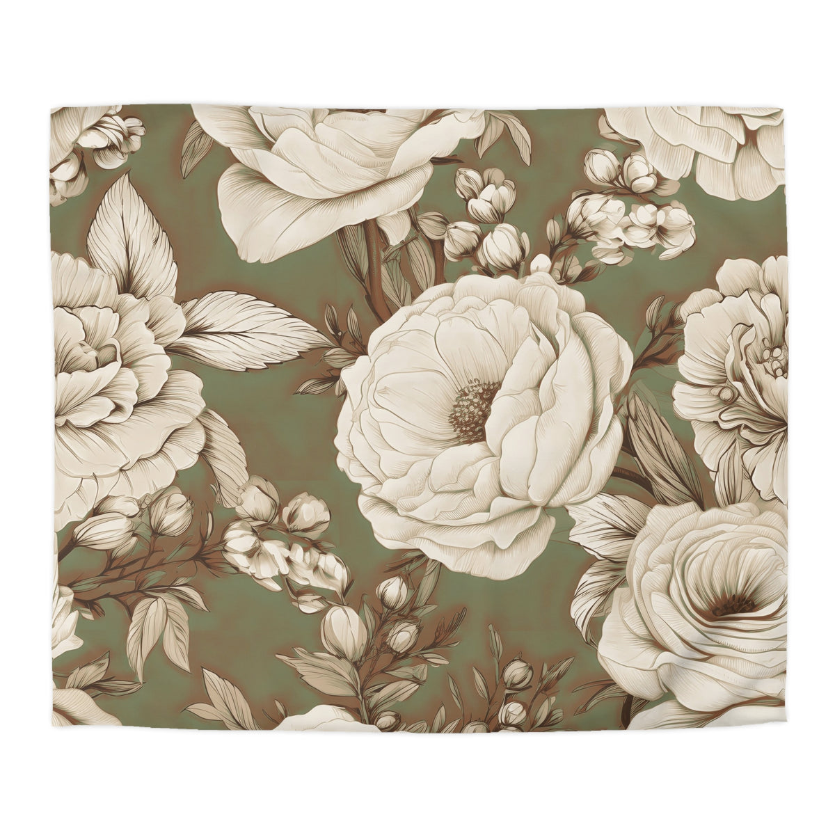 a floral pattern with large white flowers and leaves against a green background.