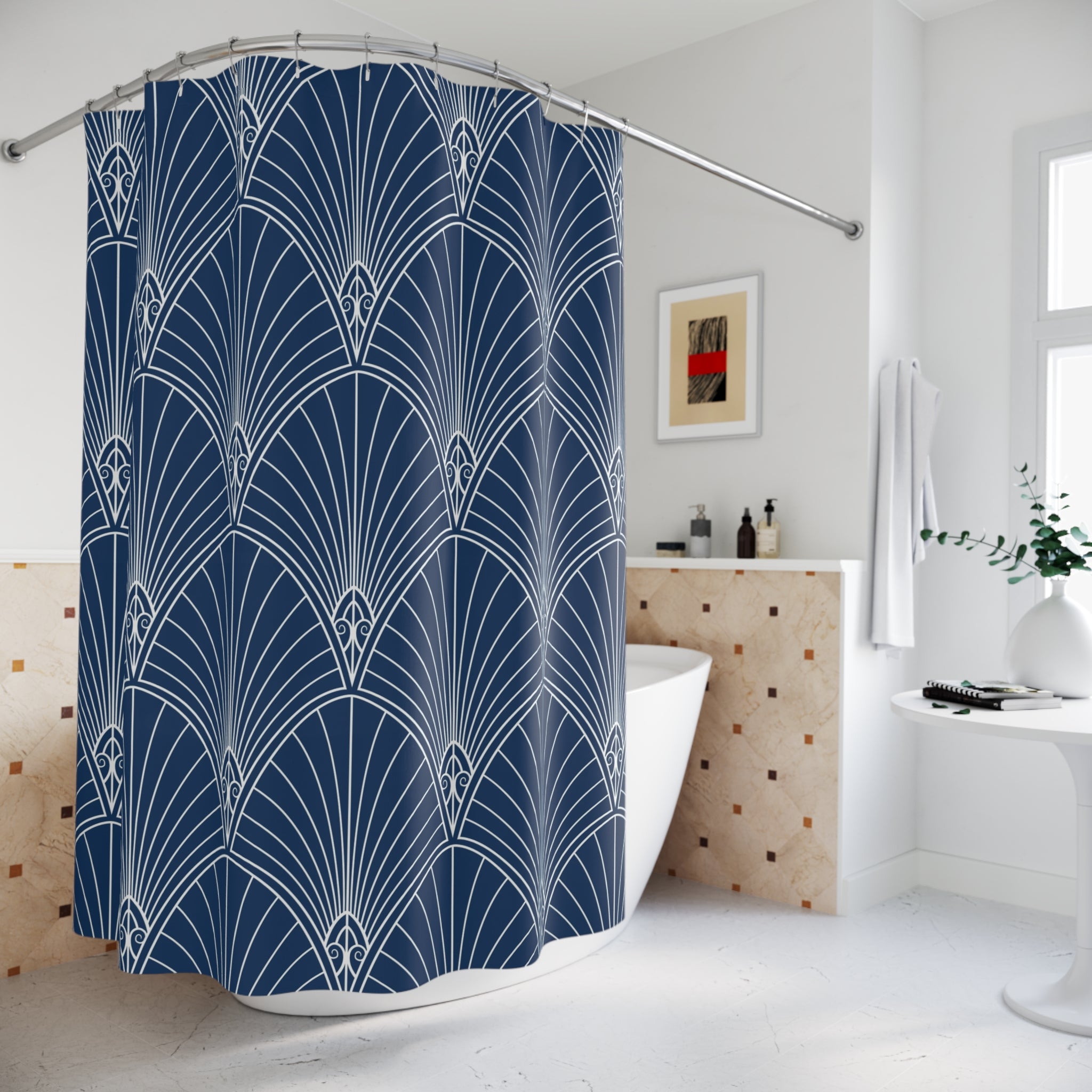 Blue White Shower Curtain | Art Noveau Fabric Curtain