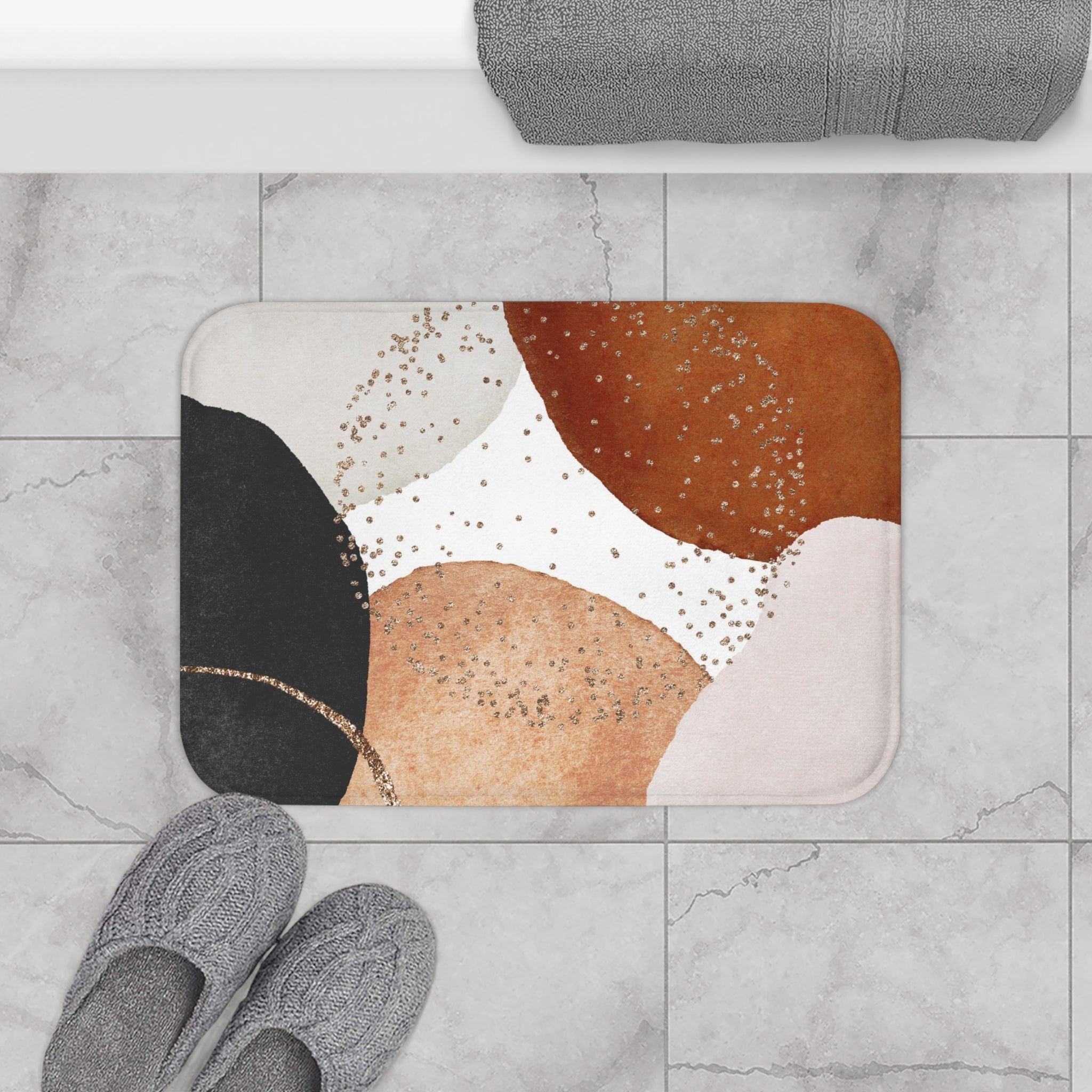 Boho Floral Bath, Kitchen Mat | Modern Rust Beige, Grey Black
