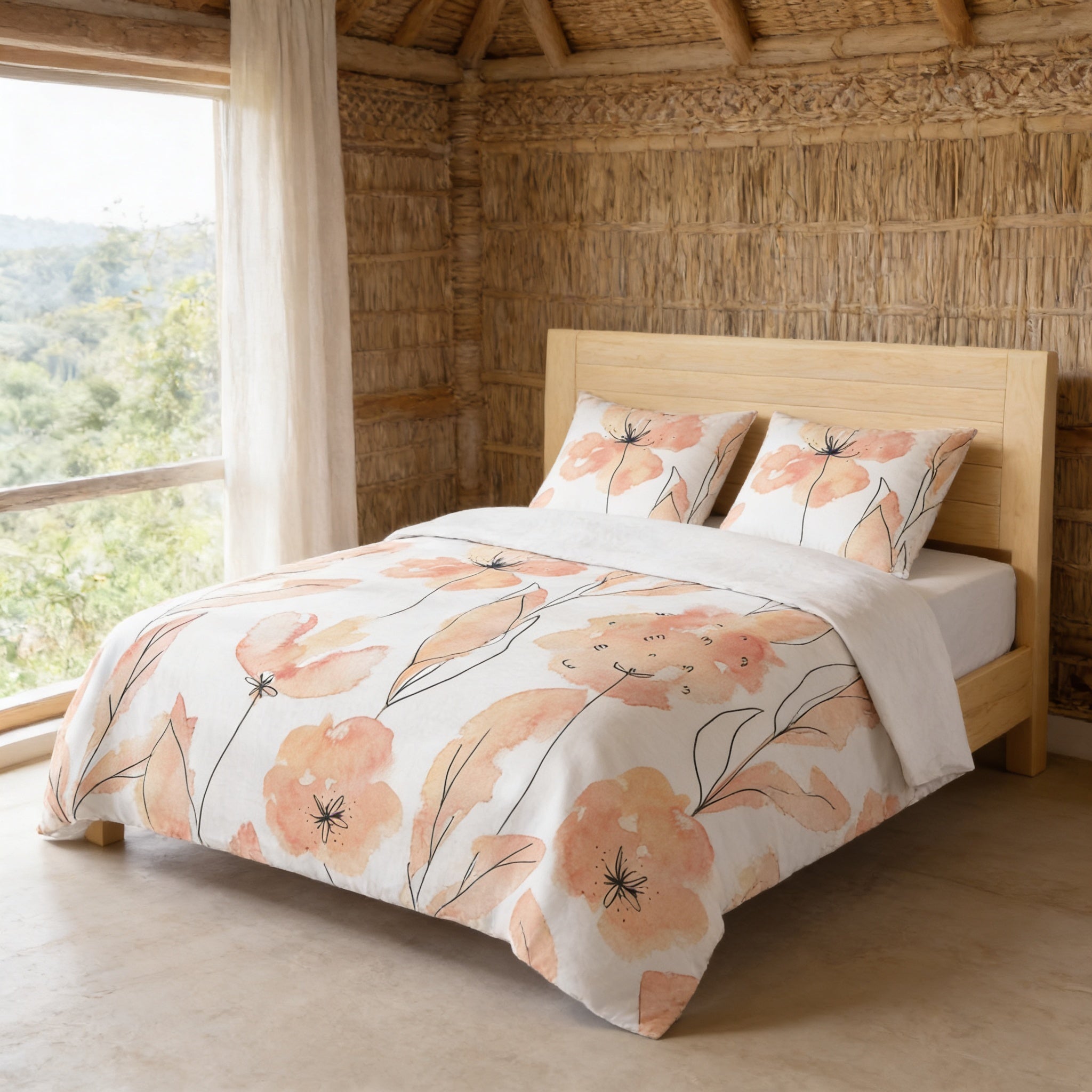 a cozy bedroom with a bed featuring a floral print comforter and pillows. The bed is positioned against a wall with a window, providing a view of the surrounding area. The room has a rustic, natural aesthetic with a thatched roof and wooden walls.