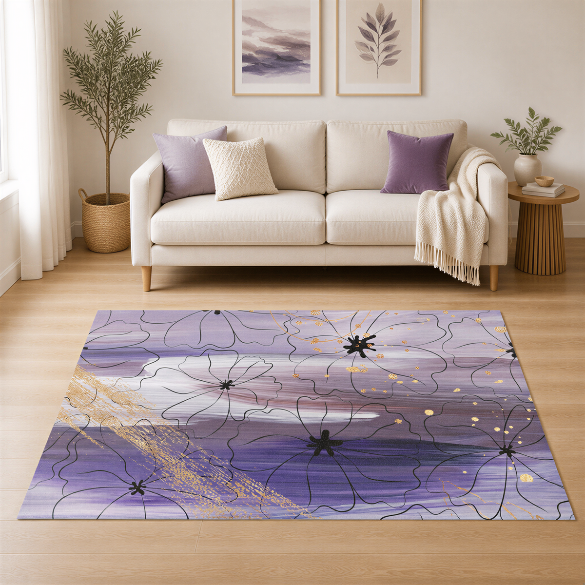 a living room with a white sofa, a rug with a purple and gold abstract floral design, and various decorative elements such as a potted plant, a vase, and framed artwork on the walls.