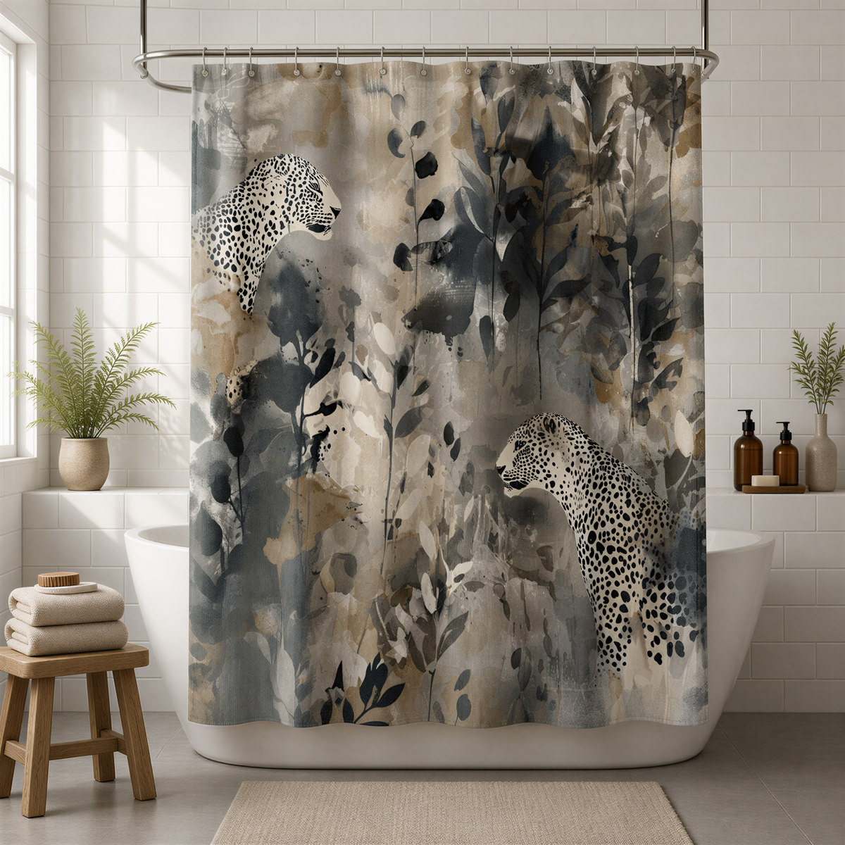 a bathroom with a shower curtain featuring a leopard print design. The leopard is depicted in two different poses, one standing and one sitting, against a backdrop of abstract floral and leaf-like patterns. The bathroom also includes a wooden stool, potted plants, and a white bathtub.