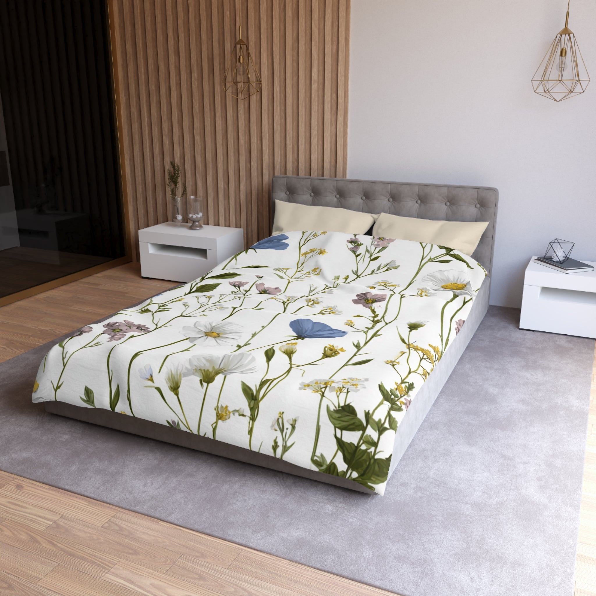 Floral Modern Duvet, Pillow Cover | White Blue Bedroom Decor