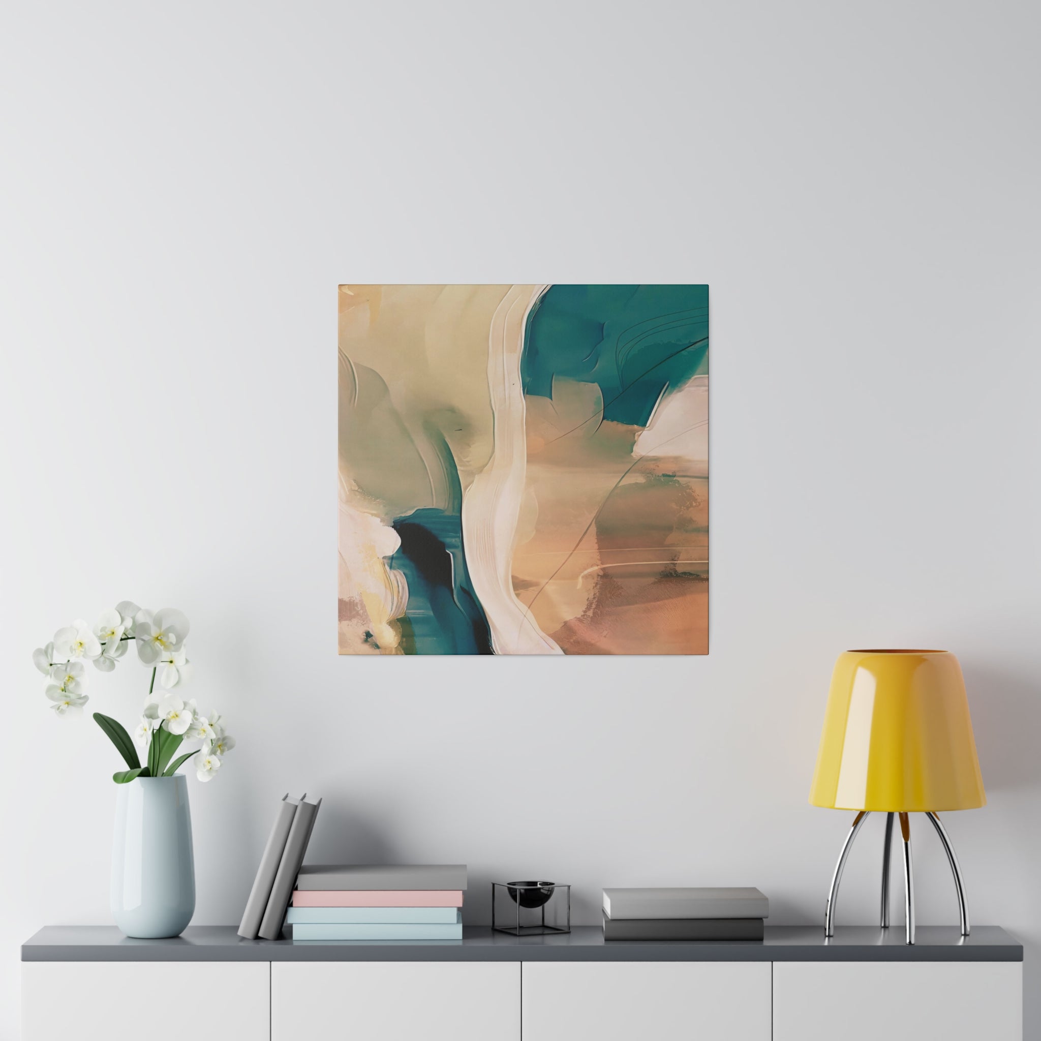 Earthy beige and teal abstract canvas wall art in a bedroom setting