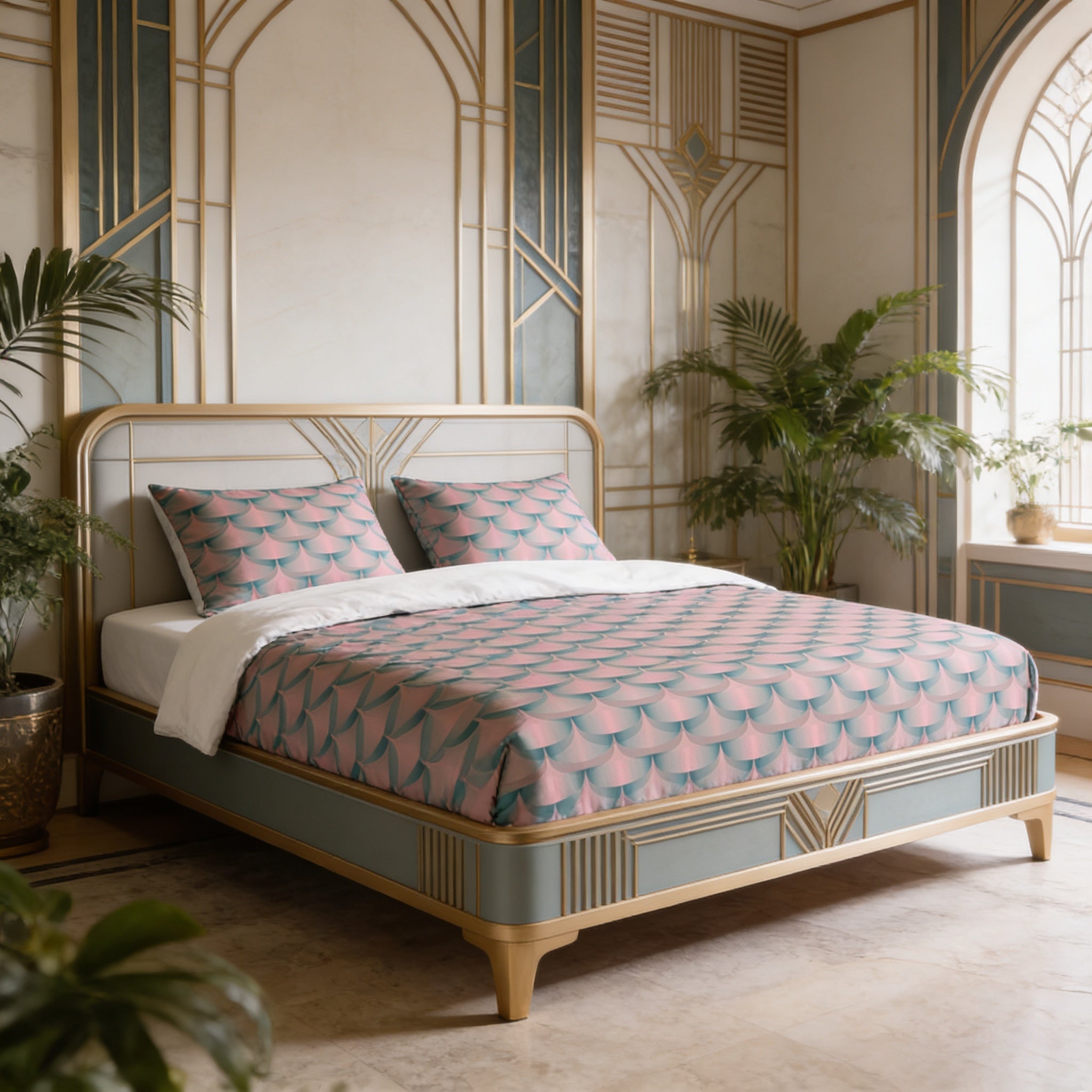 a luxurious bedroom with a large bed adorned with a pink and blue patterned comforter and matching pillows. The bed is framed by a gold headboard and footboard, adding a touch of elegance to the room. The walls are decorated with intricate gold and blue designs, creating a sophisticated and stylish atmosphere. The room also includes several potted plants, adding a touch of nature and greenery to the space.