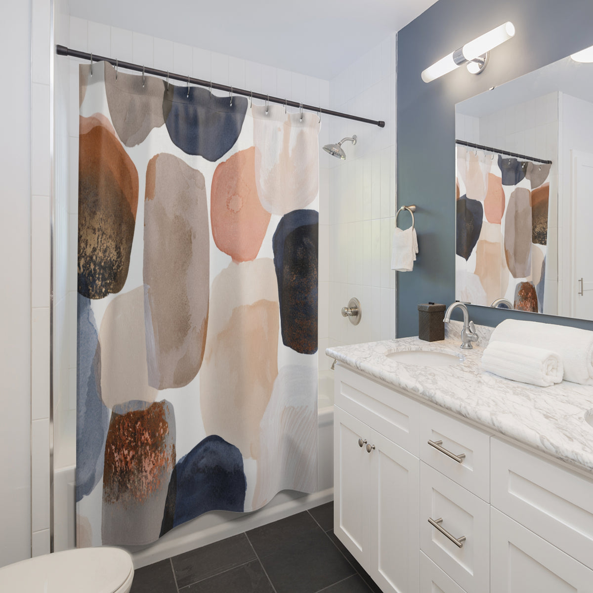 Navy Blush Abstract Pebble Shower Curtain, Bath Curtain 71x74