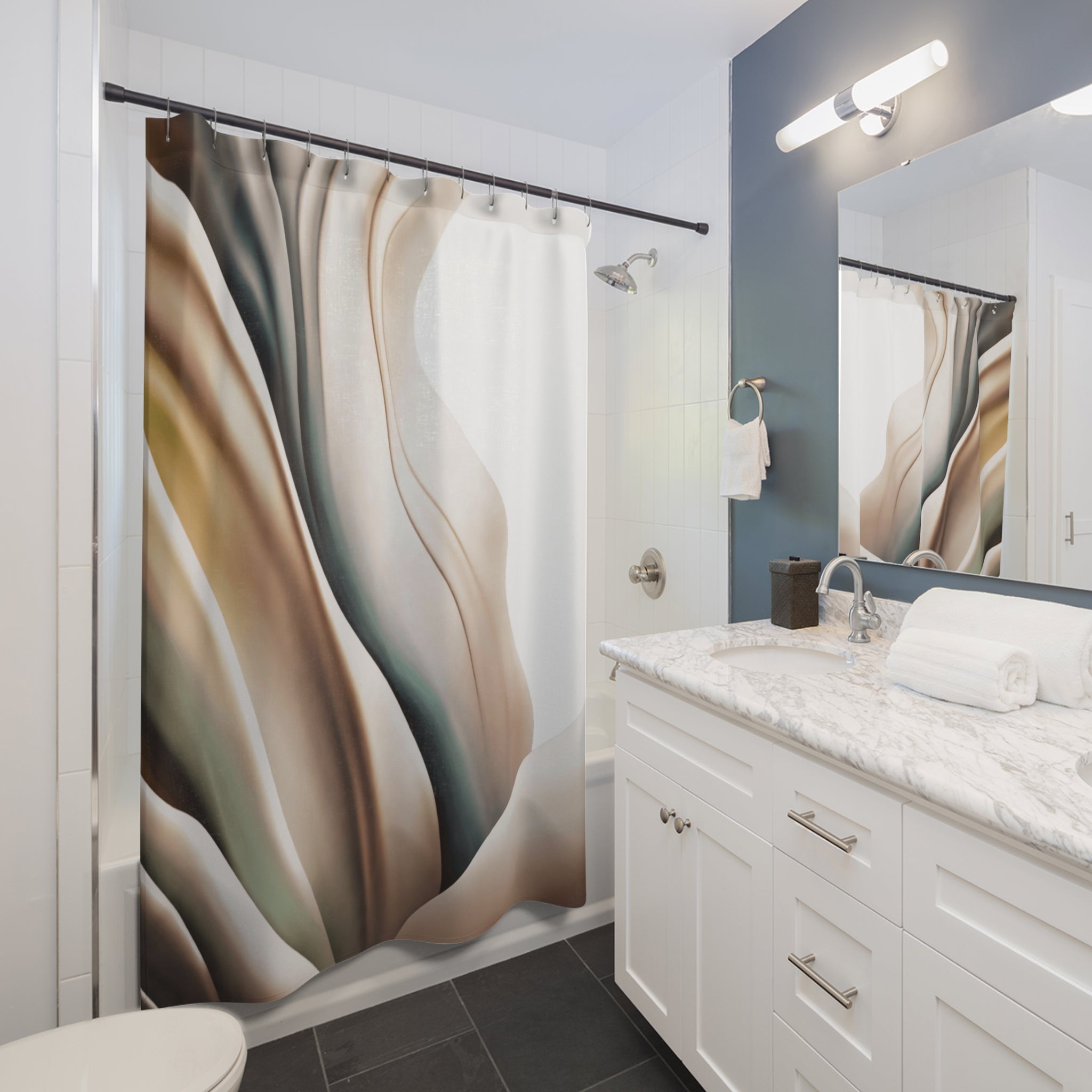 Boho Shower Curtain, Bath Mat | Beige White Bathroom Set