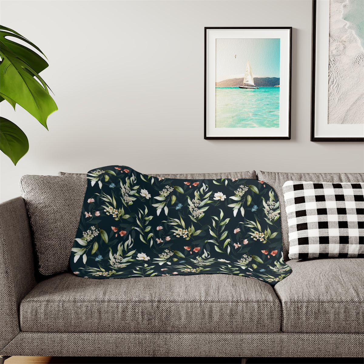 Navy Blue Wildflower Sherpa Blanket | Sage Coral Floral Throw