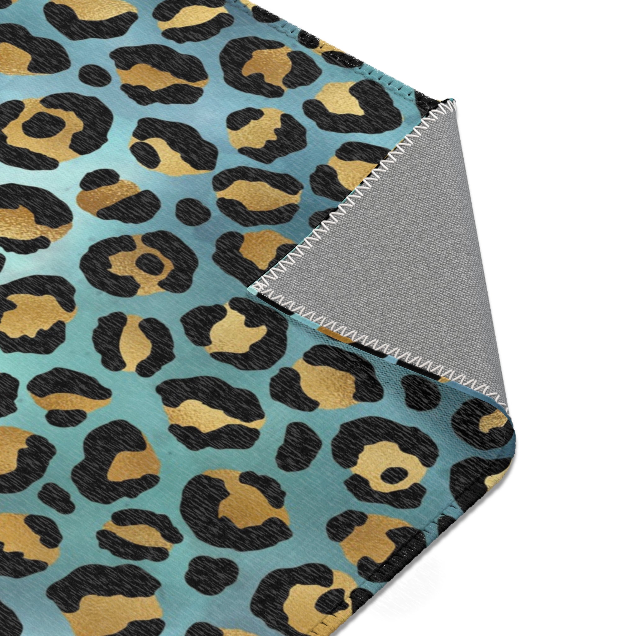 Blue Large Area Rug | Gold Beige, Teal Green Animal Print