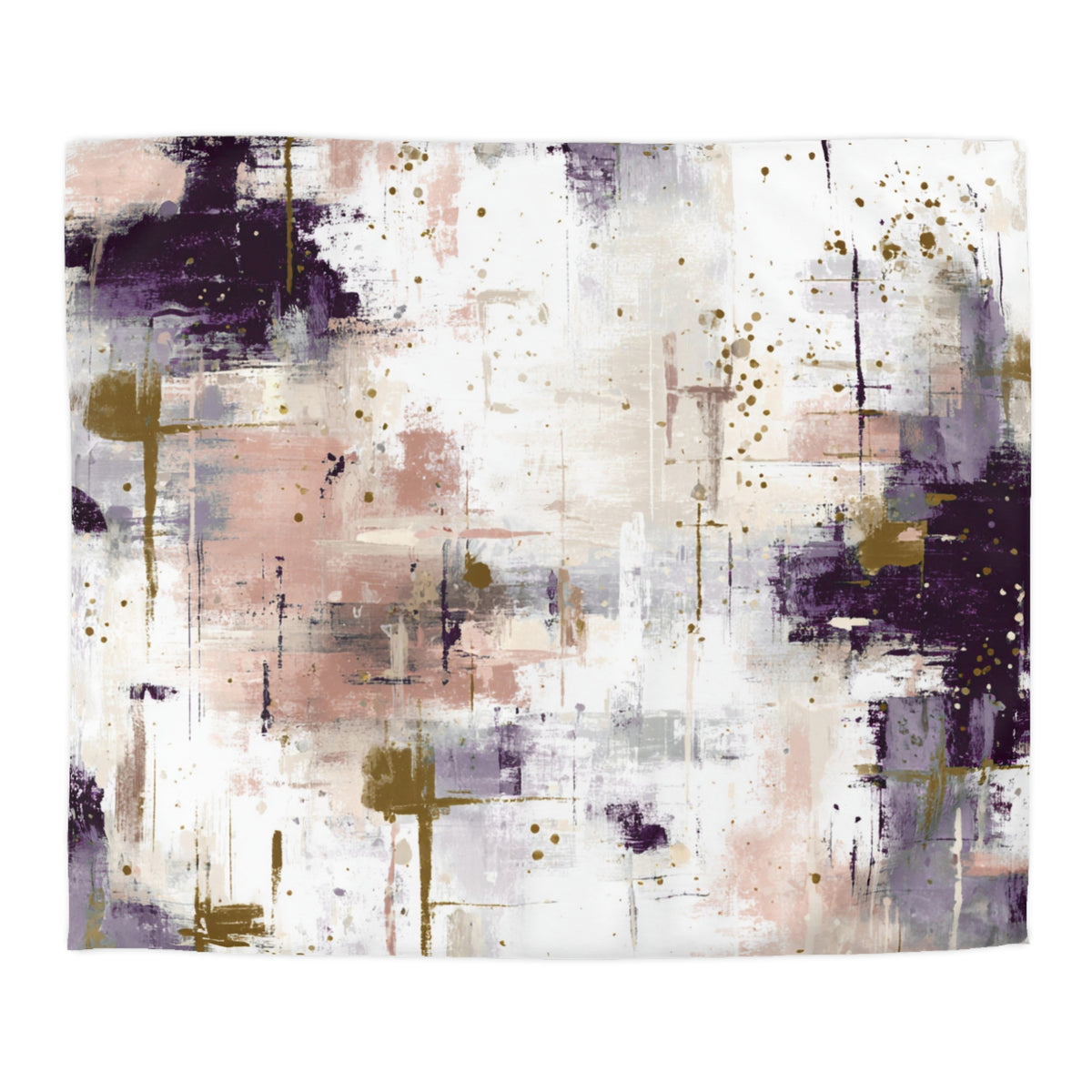 The image is an abstract painting with a mix of purple, pink, and white colors, along with splashes of gold and black. The painting has a textured and expressive appearance, with brushstrokes and splatters creating a dynamic and visually interesting composition.