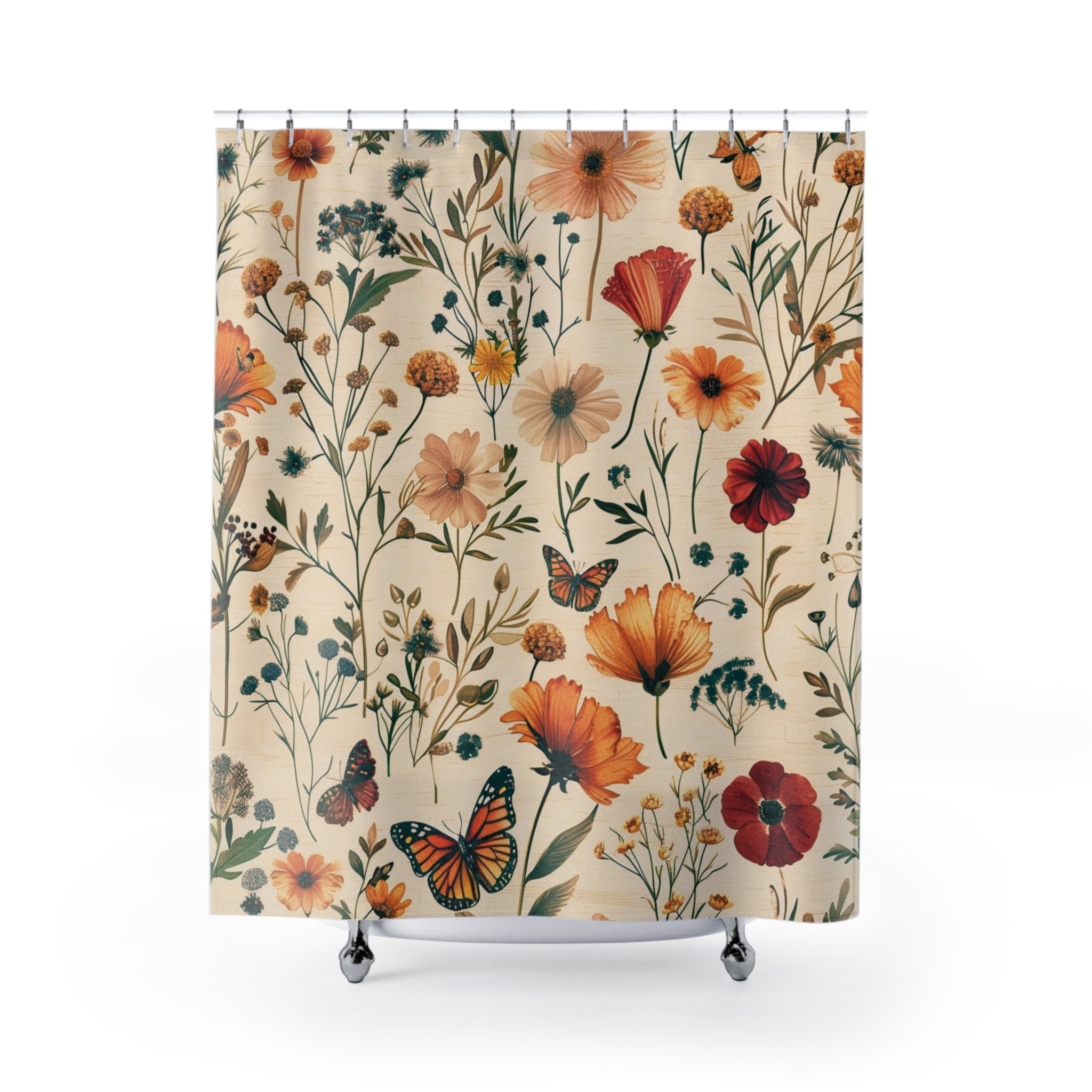 Retro Shower Curtain | Vintage Floral Beige Bath Curtain