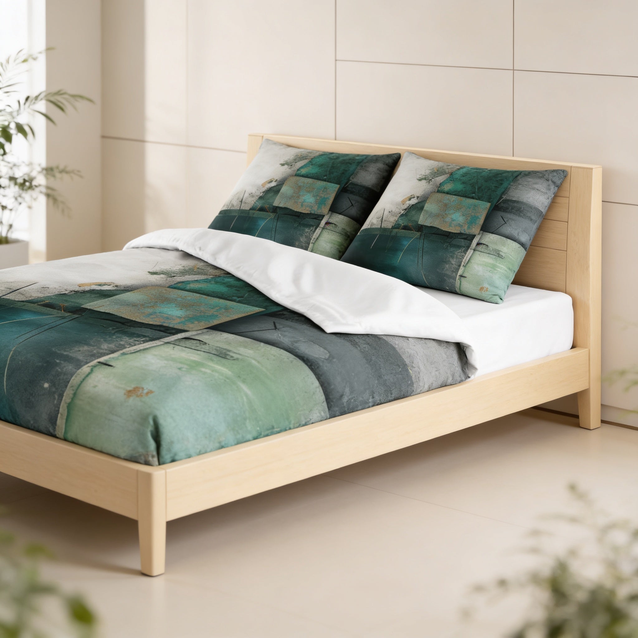 a modern bedroom with a wooden bed frame and a colorful, abstract-patterned comforter and pillows.