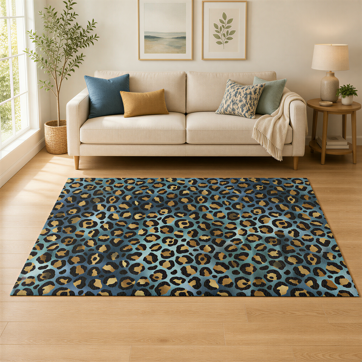 a living room with a white sofa, a blue and gold throw pillow, and a leopard print rug on the floor. The room also features a potted plant, a lamp, and a framed picture on the wall.