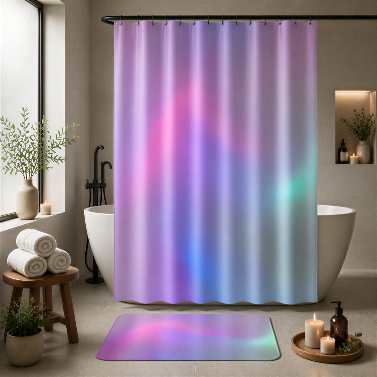 a bathroom with a large, colorful shower curtain featuring a gradient of purple and blue hues. The bathroom is well-decorated with potted plants, candles, and a wooden stool.