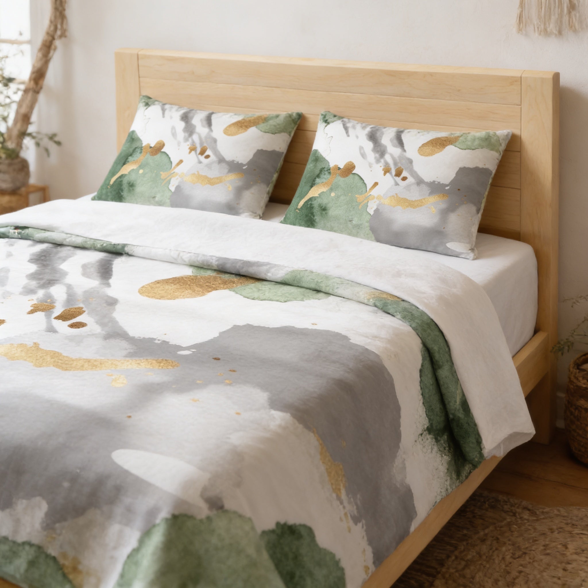a bedroom with a bed featuring a gray and green watercolor-style comforter and pillows. The bed has a wooden headboard and is set against a white wall.