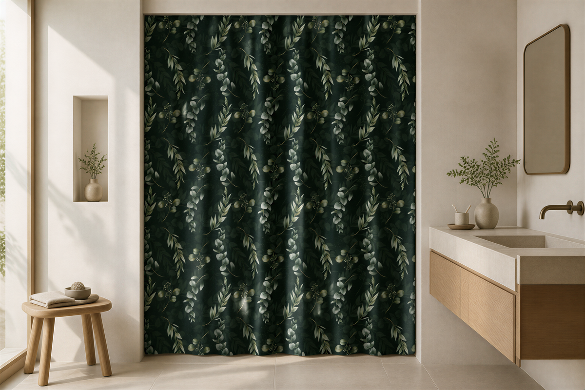 a modern bathroom with a large green curtain featuring a leafy pattern, a wooden stool, a sink, and a mirror.