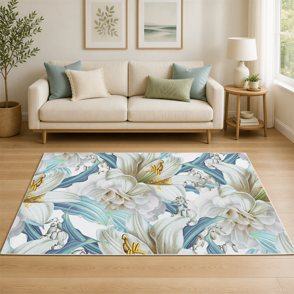 a living room with a white sofa, a large rug with a floral pattern, and a lamp on a side table.