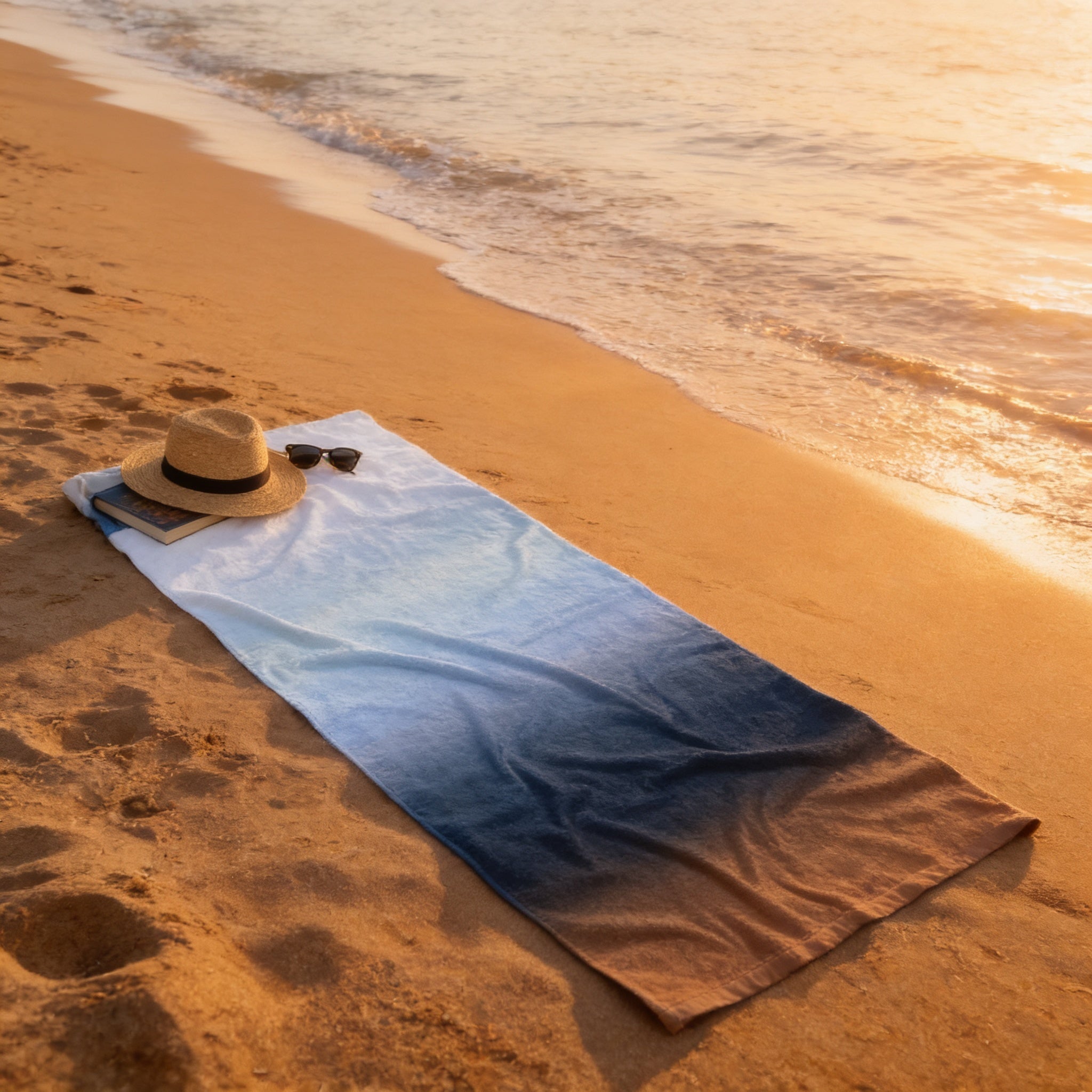 A beach towel with a hat and sunglasses is spread out on the sand, with the ocean visible in the background.