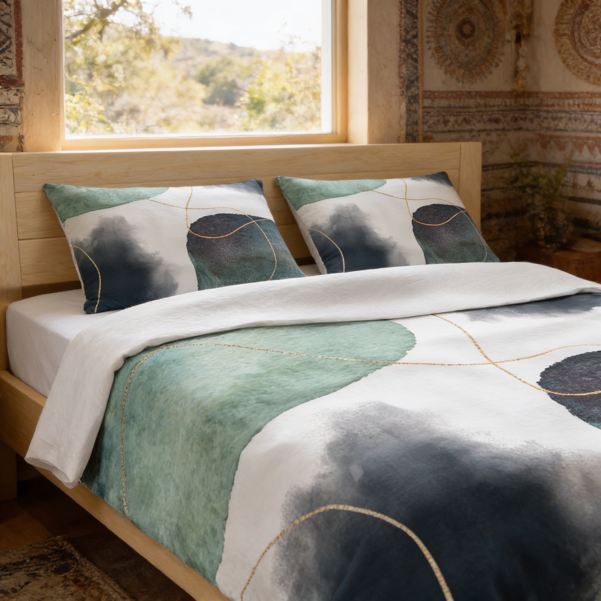 a cozy bedroom with a bed featuring a green and white abstract patterned comforter and matching pillows. The bed is positioned against a wall with a window, allowing natural light to enter the room.