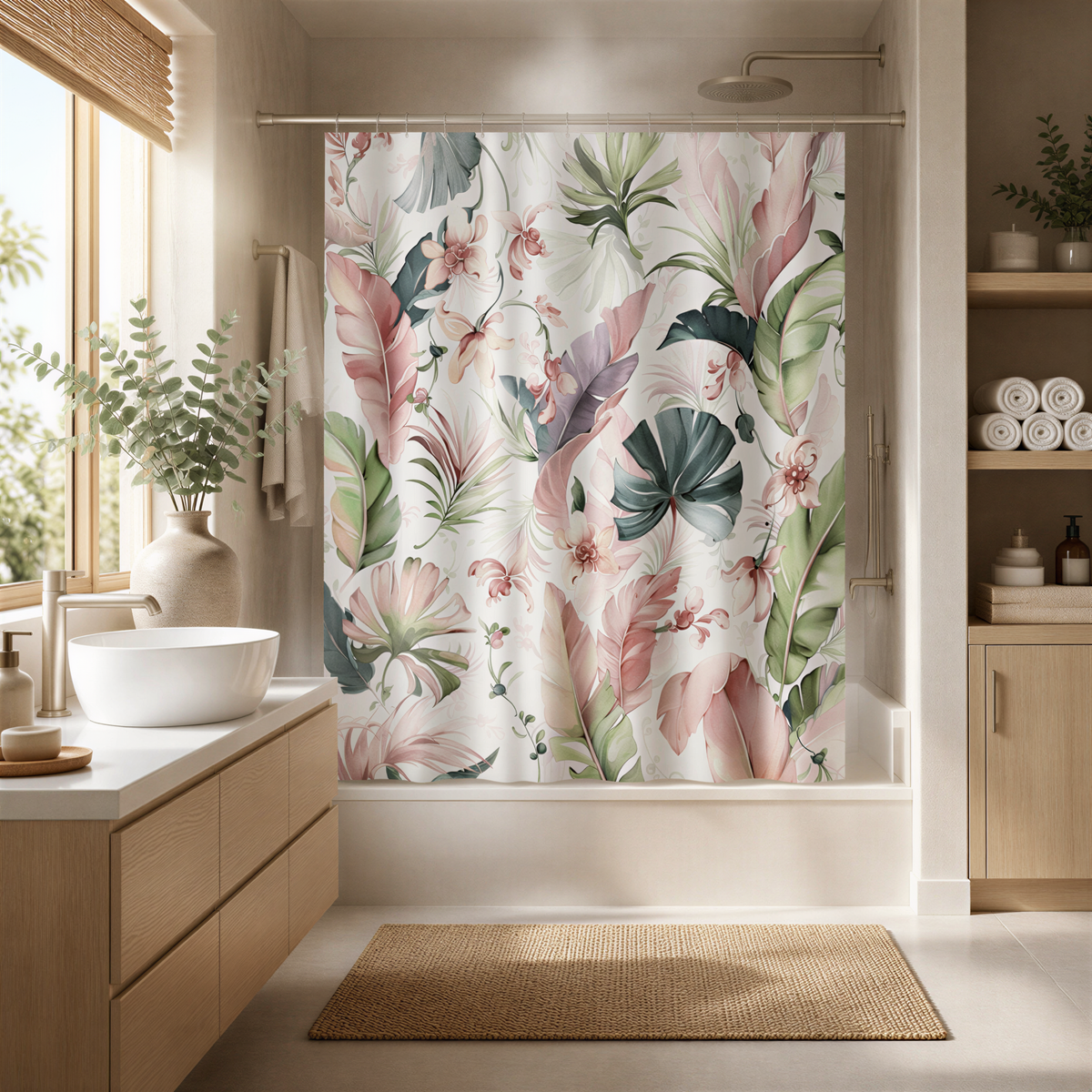 a modern bathroom with a large window, a white sink, a bathtub with a colorful shower curtain featuring tropical plants, and a wooden vanity.