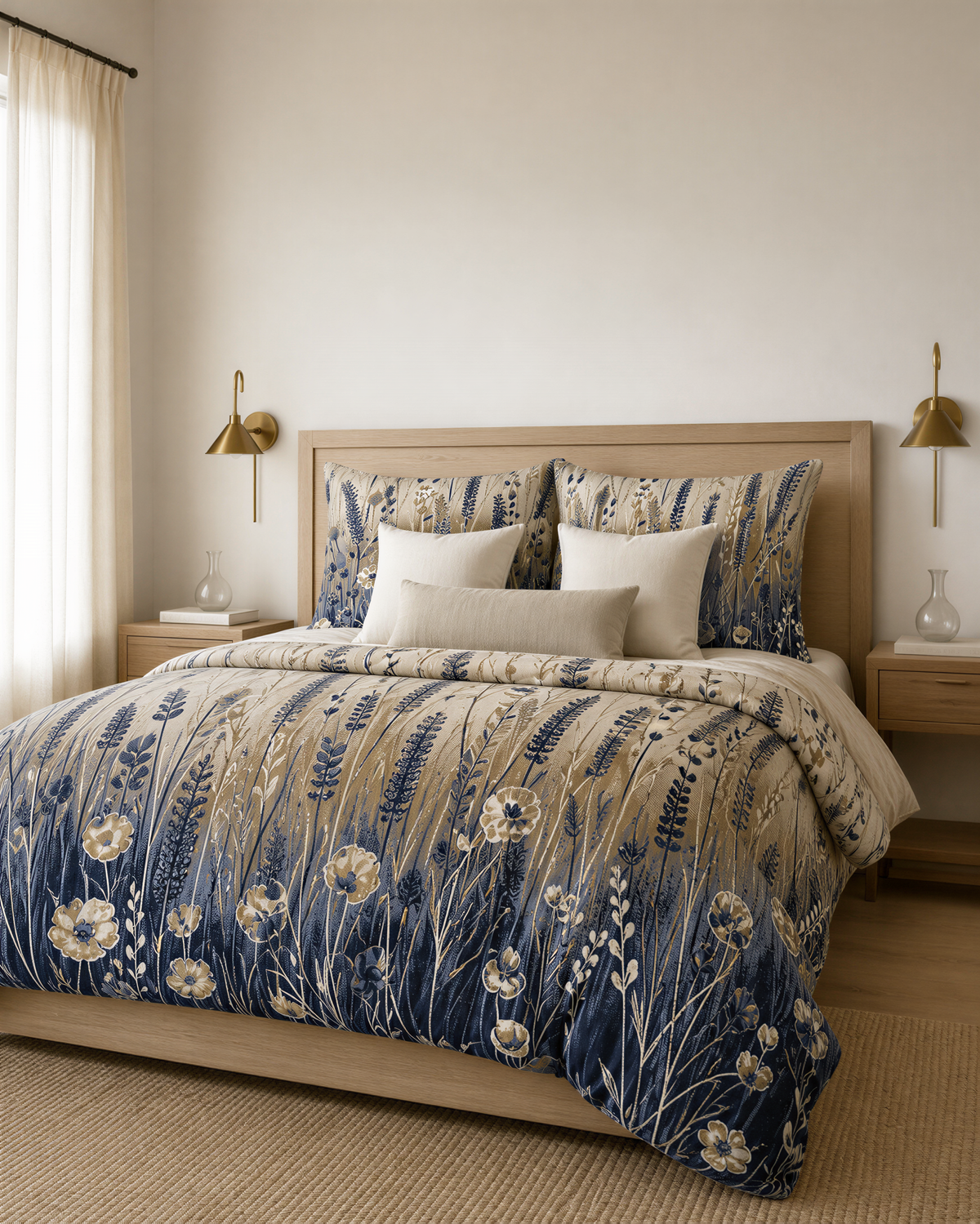 a bedroom with a large bed covered in a blue and white floral comforter. The bed is framed by a wooden headboard and has matching pillows. The room has white walls and a wooden floor, creating a serene and cozy atmosphere.