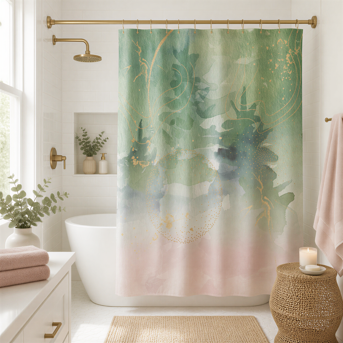 A bathroom with a white bathtub, a shower curtain featuring a colorful abstract design, and various decorative elements such as plants and candles.