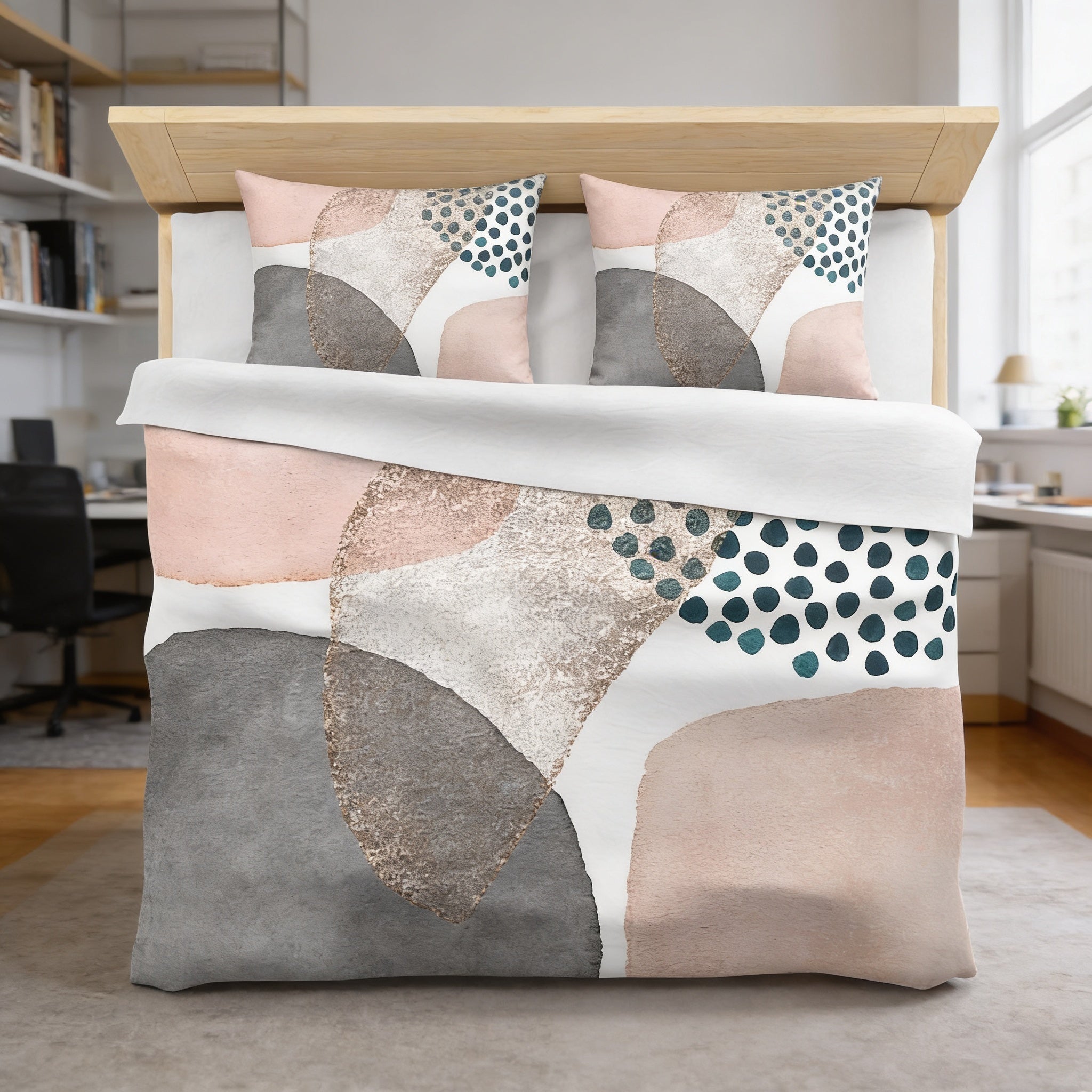 a modern bedroom with a bed adorned with a colorful abstract patterned comforter and pillows.