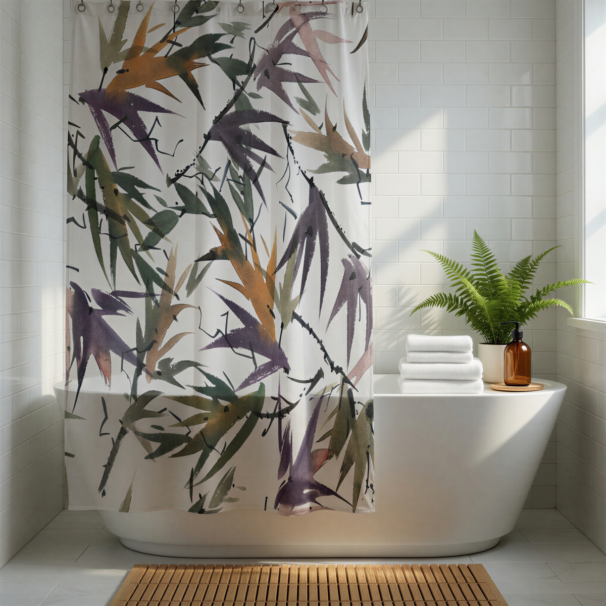 a bathroom with a white bathtub, a shower curtain with a leafy pattern, and a potted plant on the edge of the bathtub.