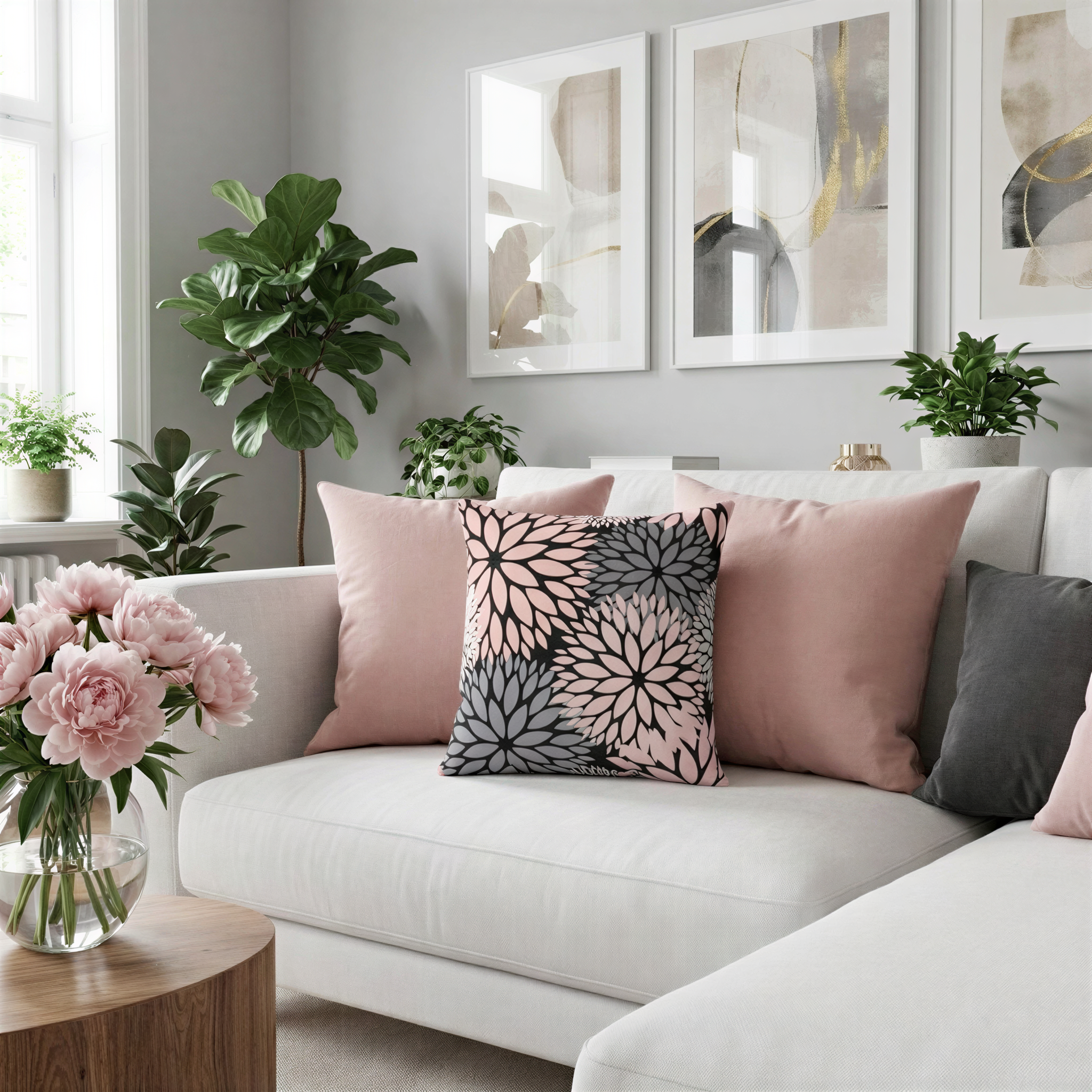 a cozy living room with a white sofa adorned with pink and gray throw pillows, a wooden coffee table, and several potted plants. The room is decorated with framed artwork on the walls, and a vase of pink flowers adds a touch of natural beauty to the space.
