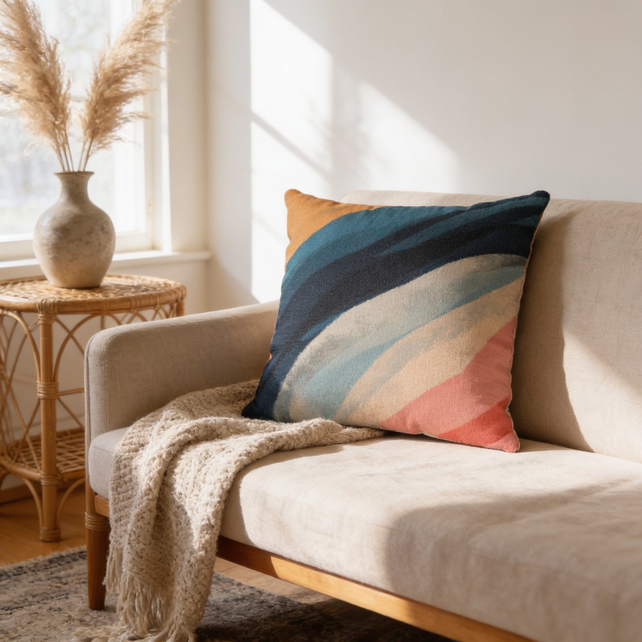 a cozy living room with a beige sofa, a colorful throw pillow, a woven side table with a vase of dried flowers, and a wooden floor.