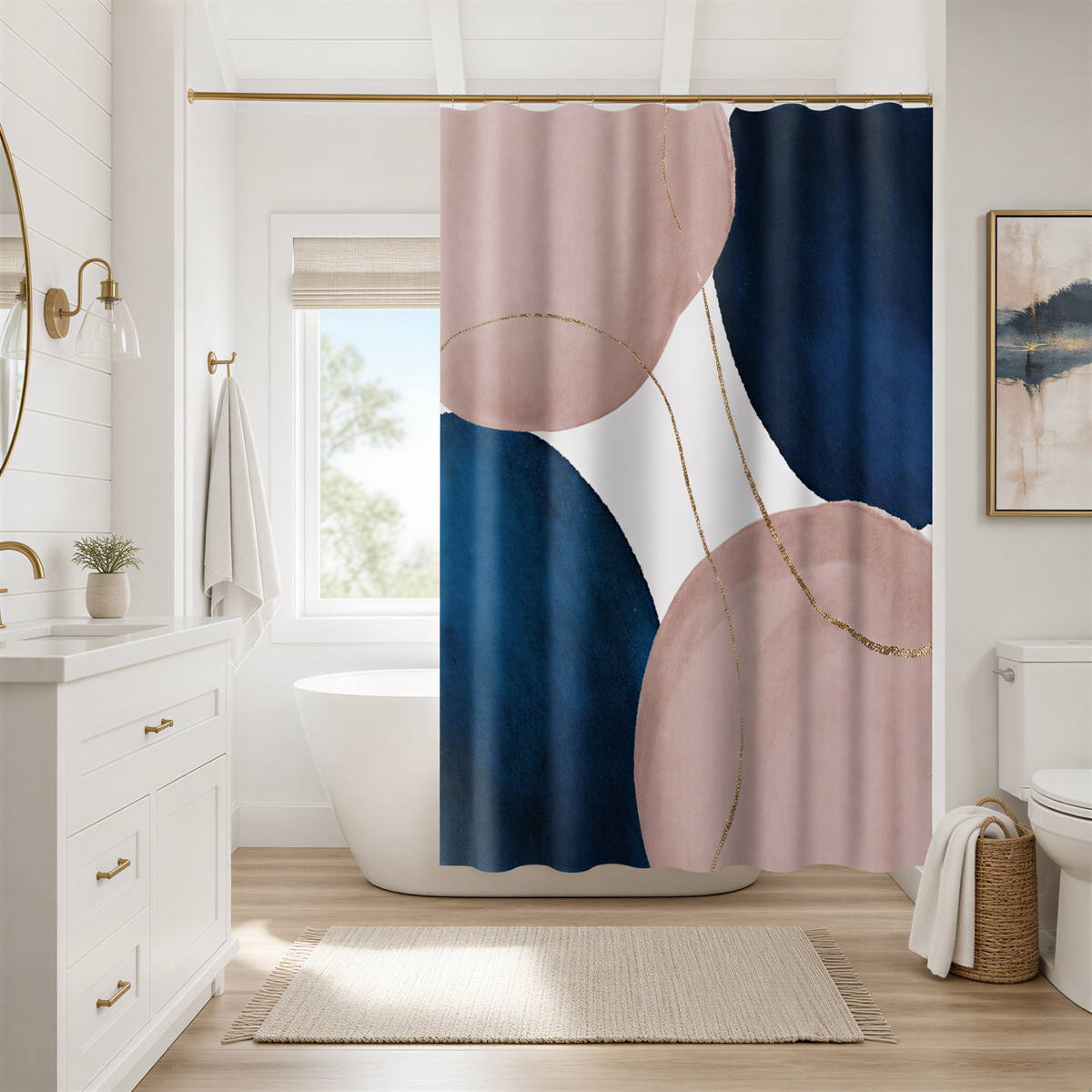 a modern bathroom with a white bathtub, a large window, and a shower curtain featuring a bold abstract design in shades of pink, blue, and white.