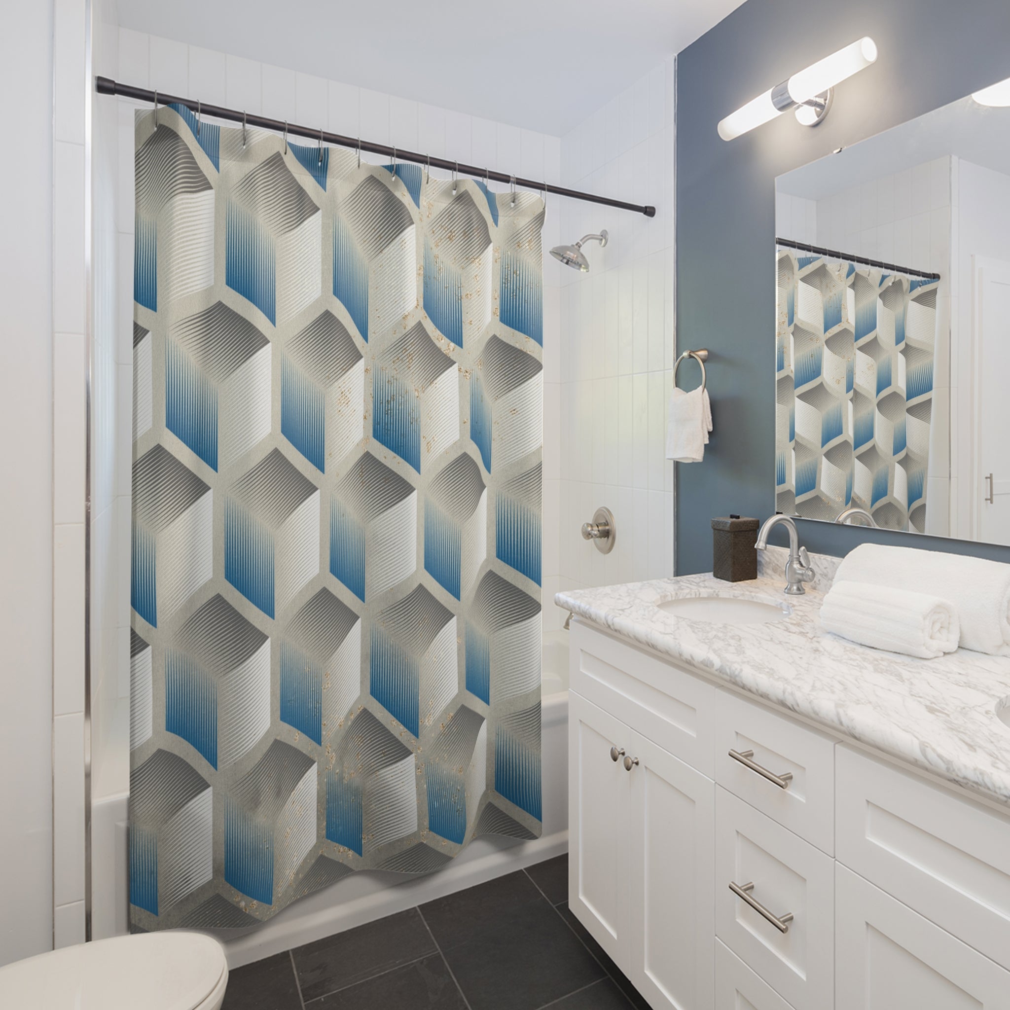 Boho Shower Curtain | Abstract Blue Grey Geometric