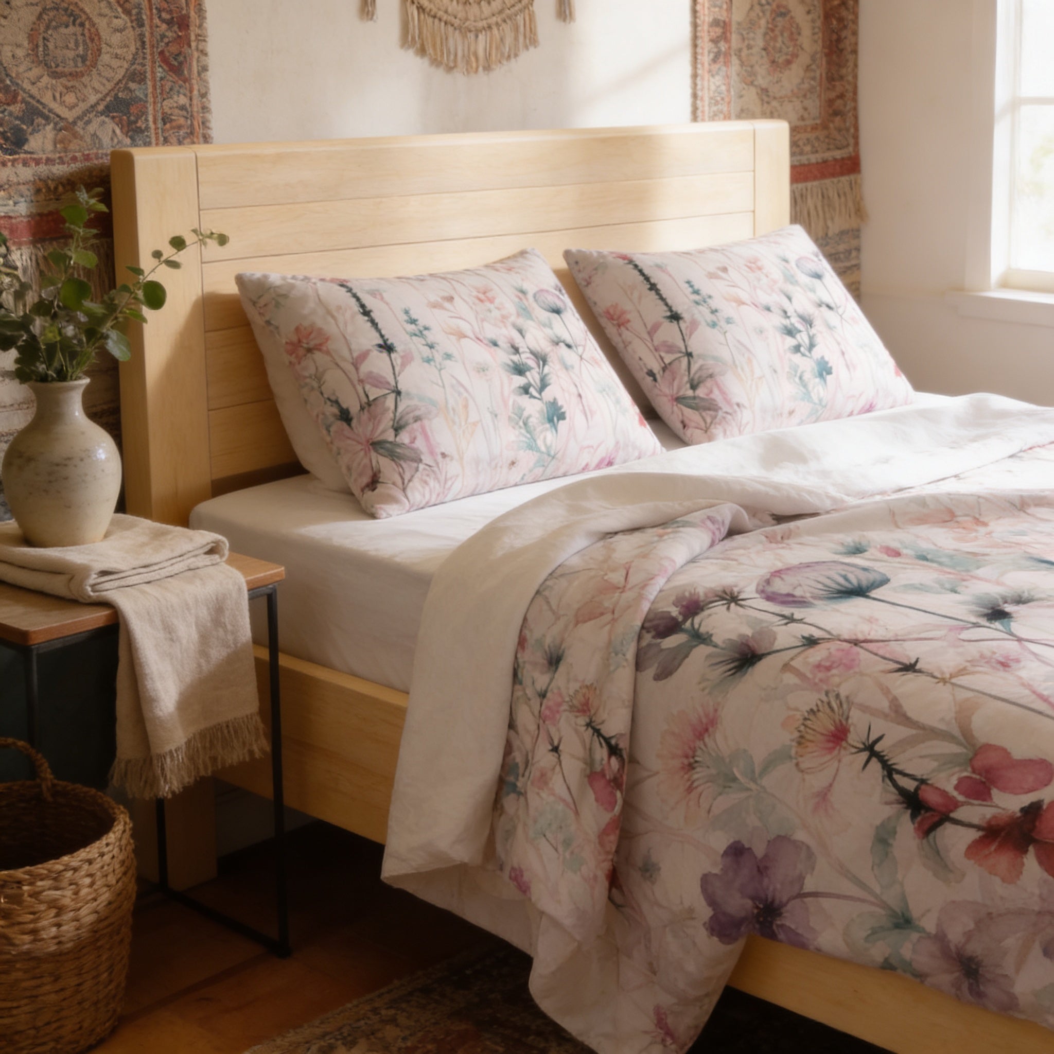 a cozy bedroom with a wooden headboard and floral bedding.